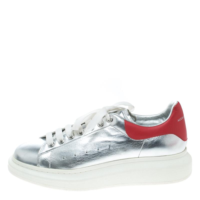 Alexander McQueen Silver/Red Leather Classic Larry Lace Up Sneakers Size 45 2