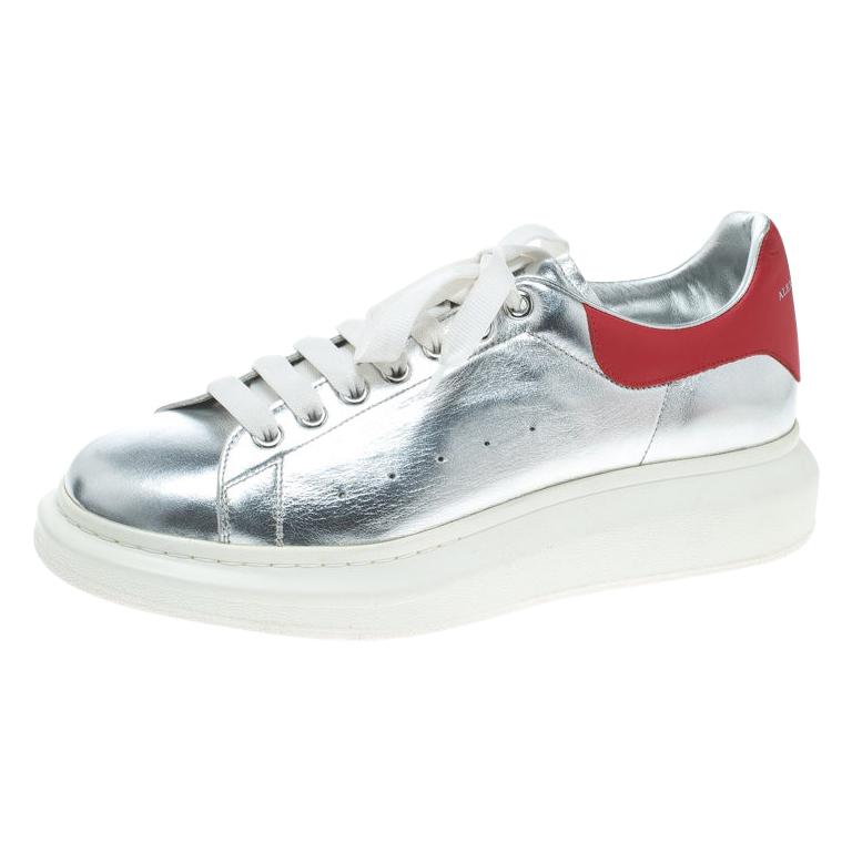 Alexander McQueen Silver/Red Leather Classic Larry Lace Up Sneakers Size 45