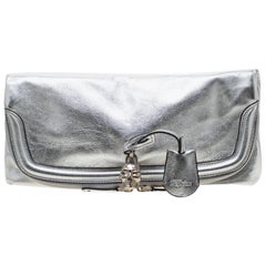 Alexander McQueen Silver Skull Padlock Leather Studded Fold Over Clutch