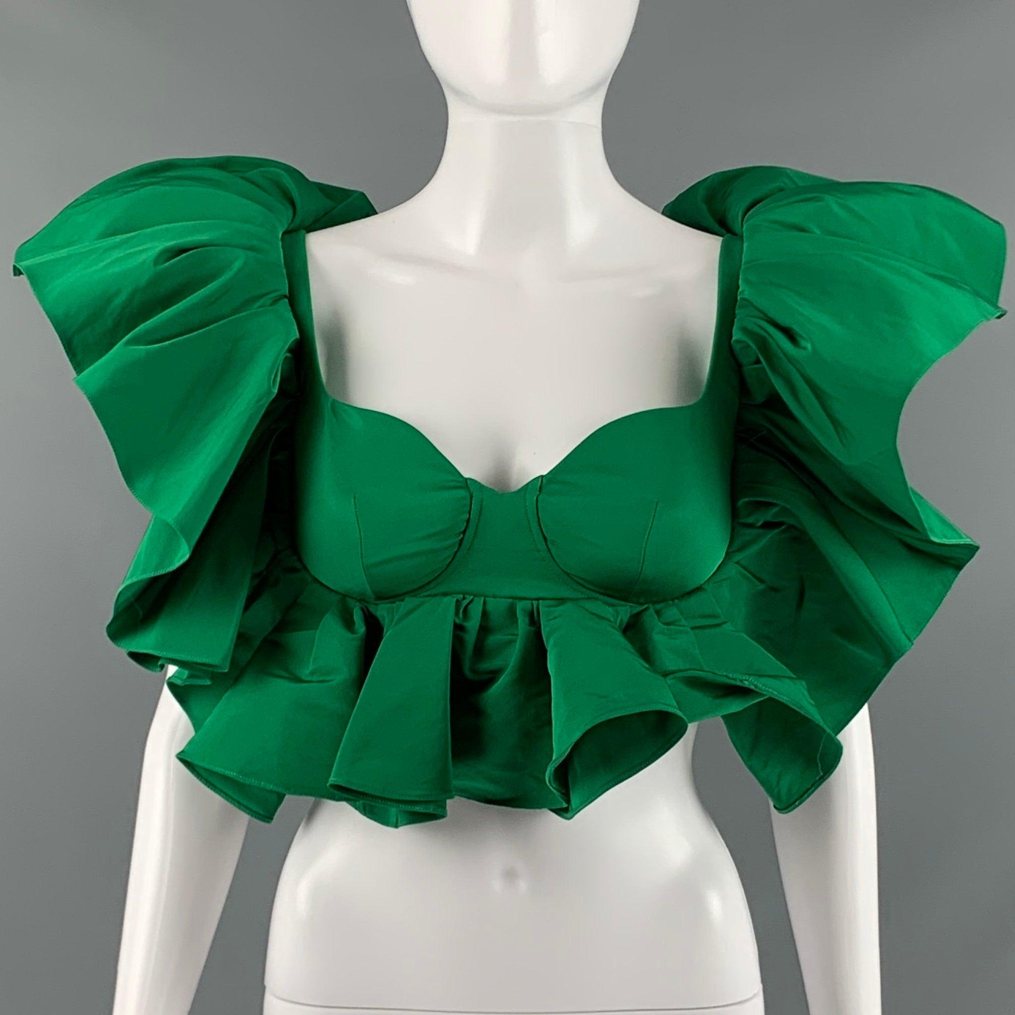 ALEXANDER MCQUEEN 2021 dress top in a vibrant green polyester fabric featuring a bustier style, opulent ruffles, and a back zipper closure. Made in Italy.Excellent Pre-Owned Condition. 

Marked:  36 

Measurements: 
 
Shoulder: 13 inches Bust: 26