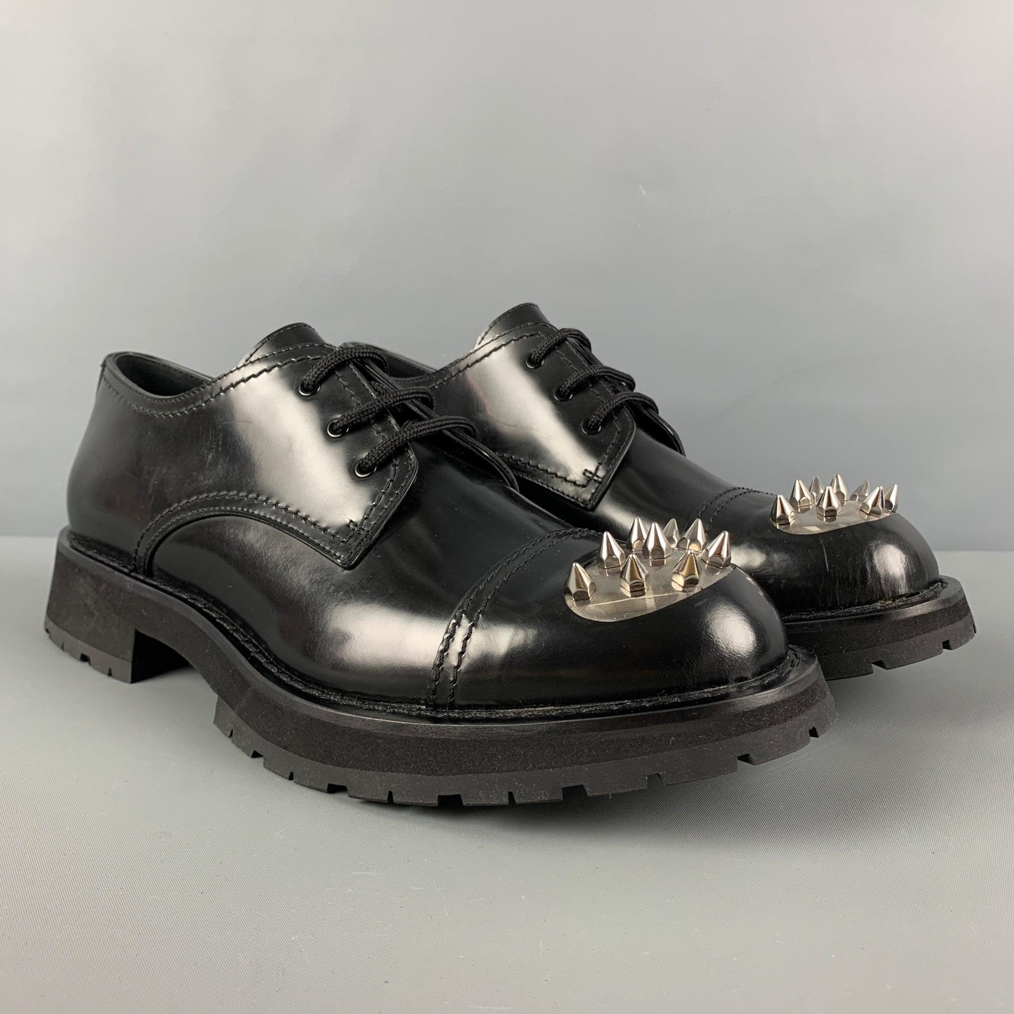 ALEXANDER MCQUEEN Size 12 Black Silver Spikes Leather Lace Up Shoes In Good Condition For Sale In San Francisco, CA