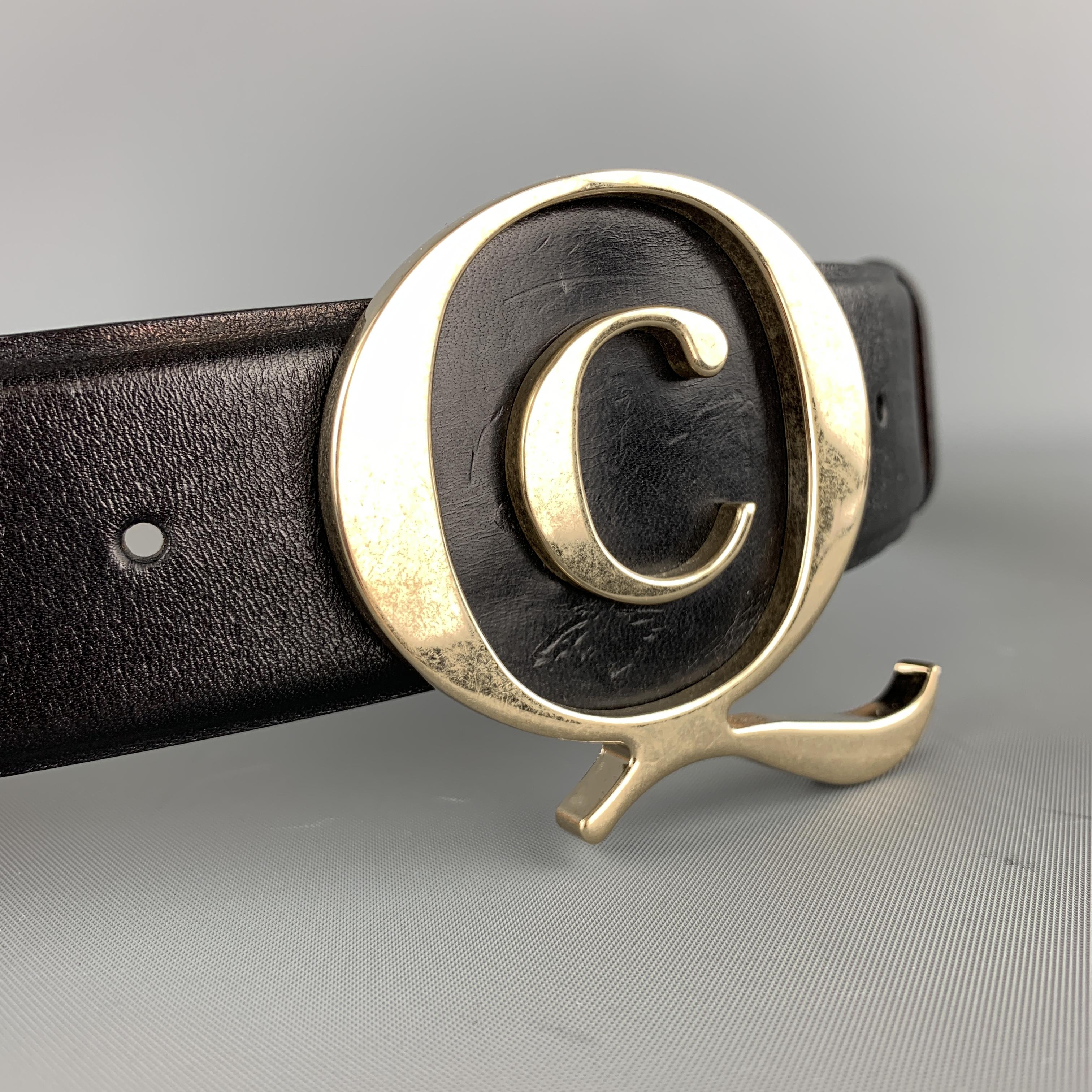 ALEXANDER MCQUEEN Size 34 Black Leather Brass Q Buckle Belt In Good Condition In San Francisco, CA