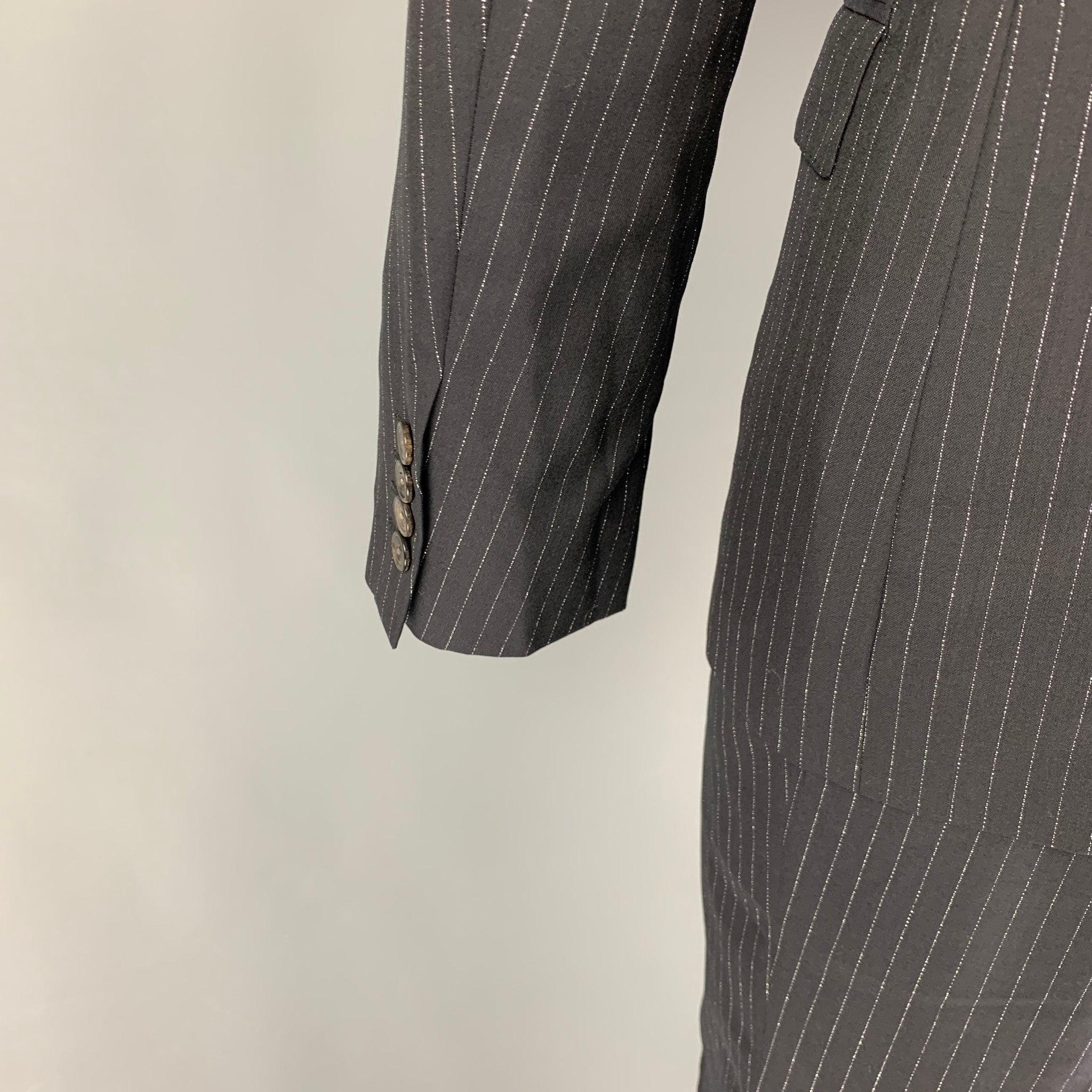 Men's ALEXANDER MCQUEEN Size 38 Black Silver Stripe Wool Blend Notch Lapel Suit