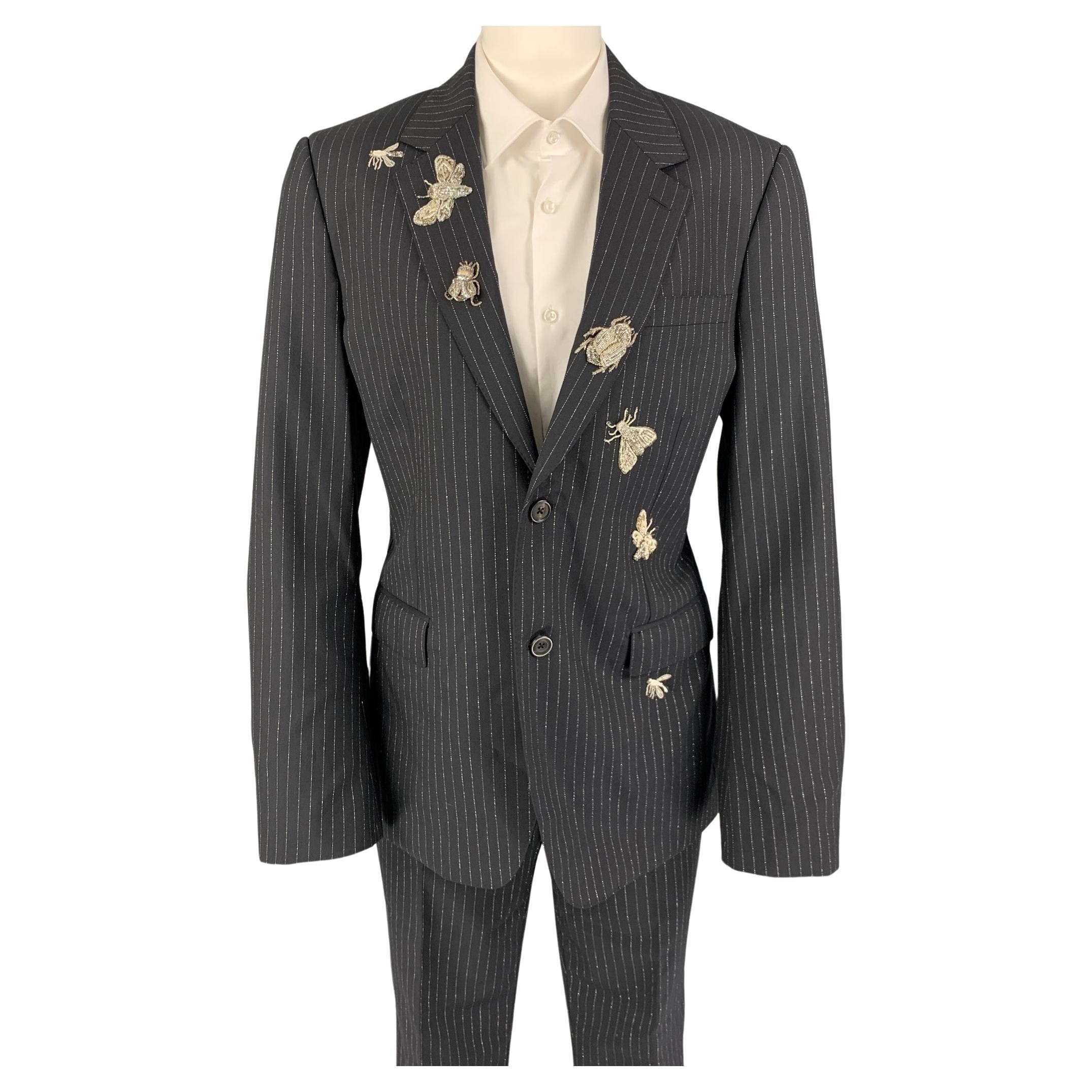 ALEXANDER MCQUEEN Size 38 Black Silver Stripe Wool Blend Notch Lapel Suit