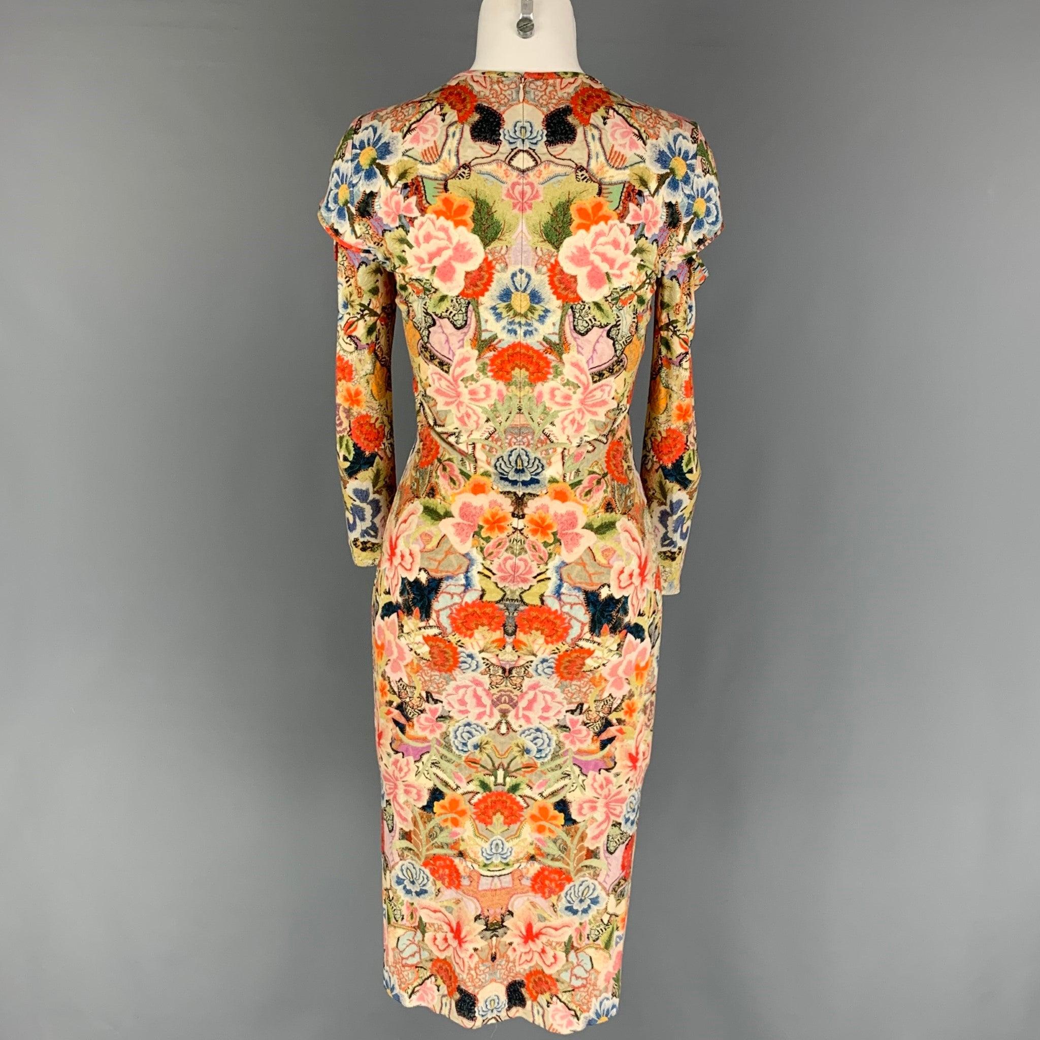 ALEXANDER MCQUEEN Size 4 Multi-Color Abstract Floral Rayon Long Sleeve Dress In Good Condition For Sale In San Francisco, CA