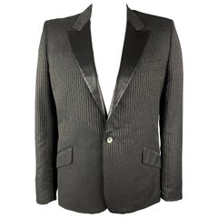ALEXANDER MCQUEEN Size 44 Charcoal & Gold Striped Shiny Peak Lapel Sport Coat