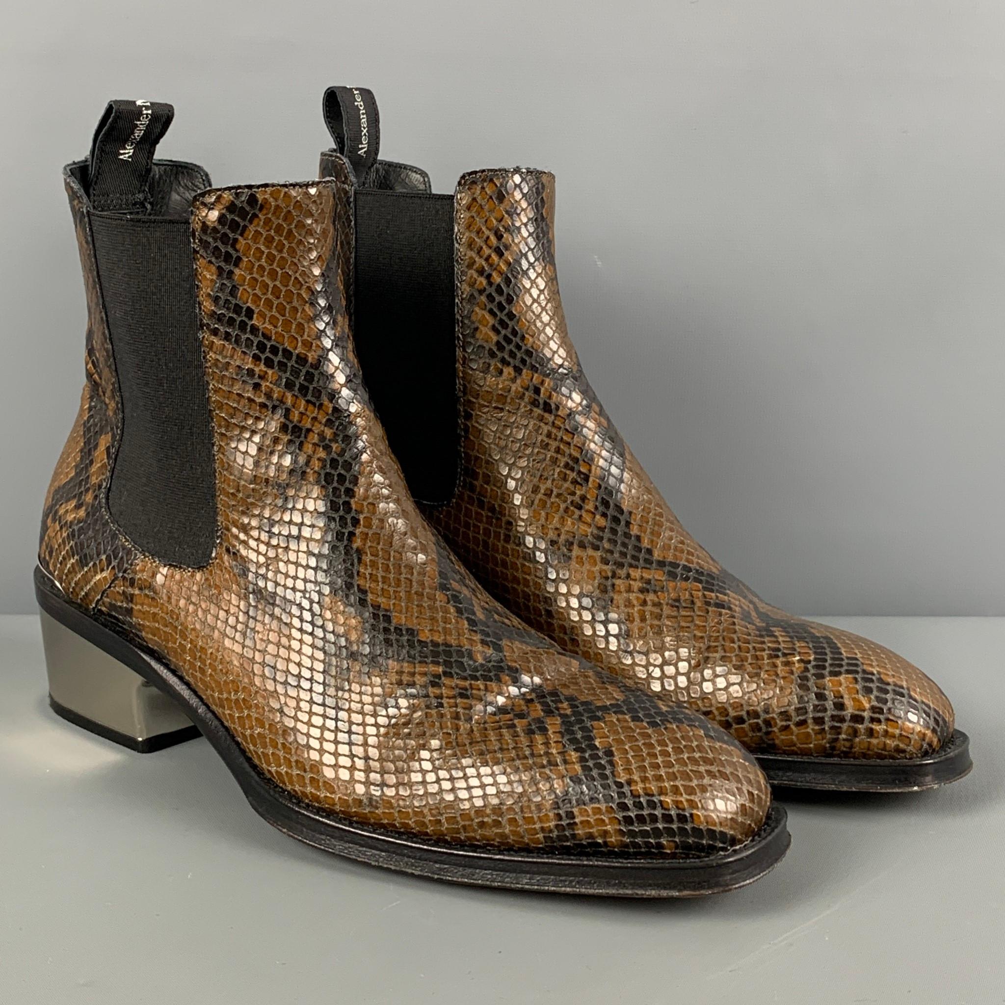 ALEXANDER McQUEEN boots comes in a brown & black animal print leather featuring a chelsea style, square toe, and a silver tone heel. Made in Italy. 

Very Good Pre-Owned Condition.
Marked: 41

Measurements:

Length: 11 in.
Width: 4 in.
Height: 5.75