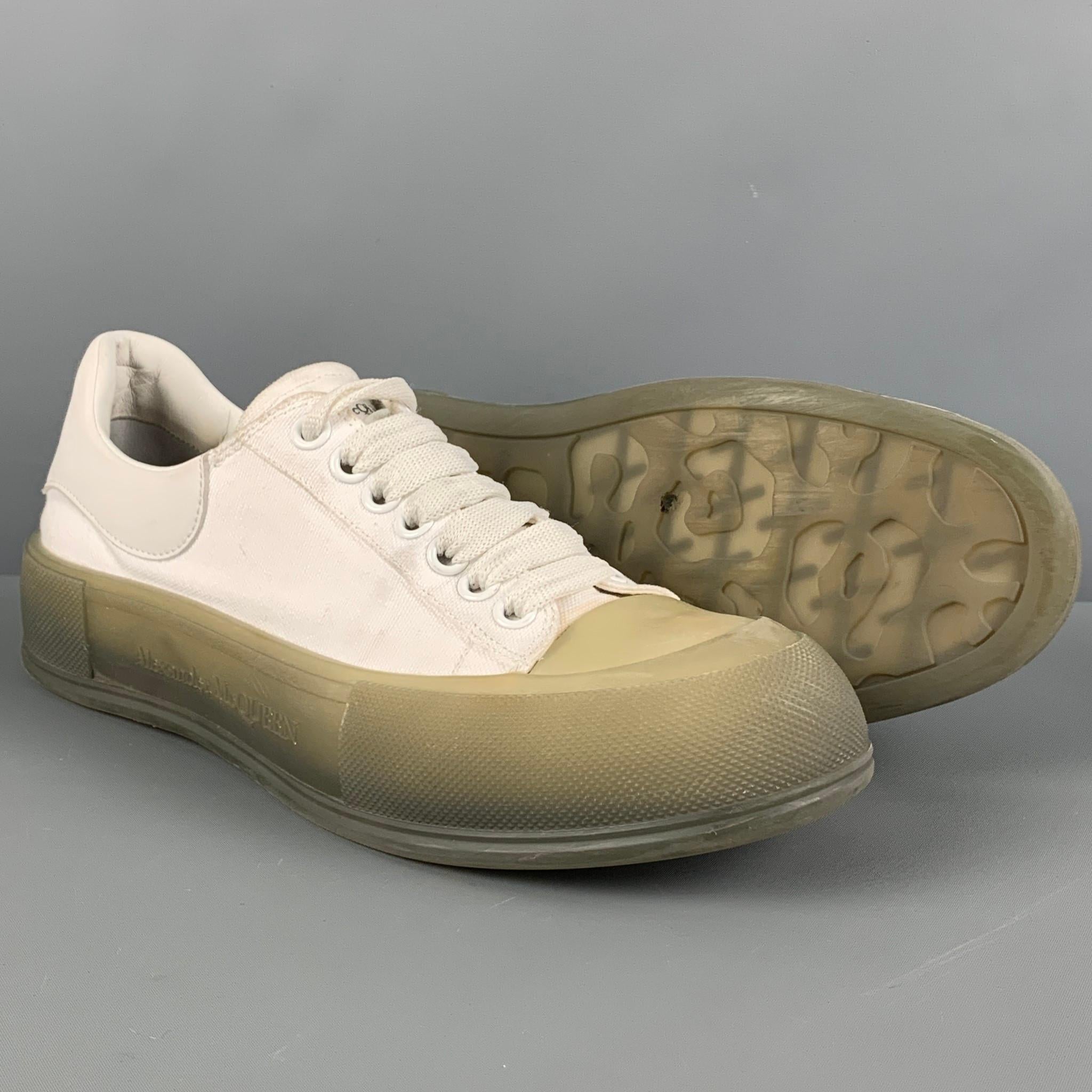 ALEXANDER MCQUEEN Size 8 White Olive Canvas Low Top Plimsoll Sneakers In Good Condition In San Francisco, CA
