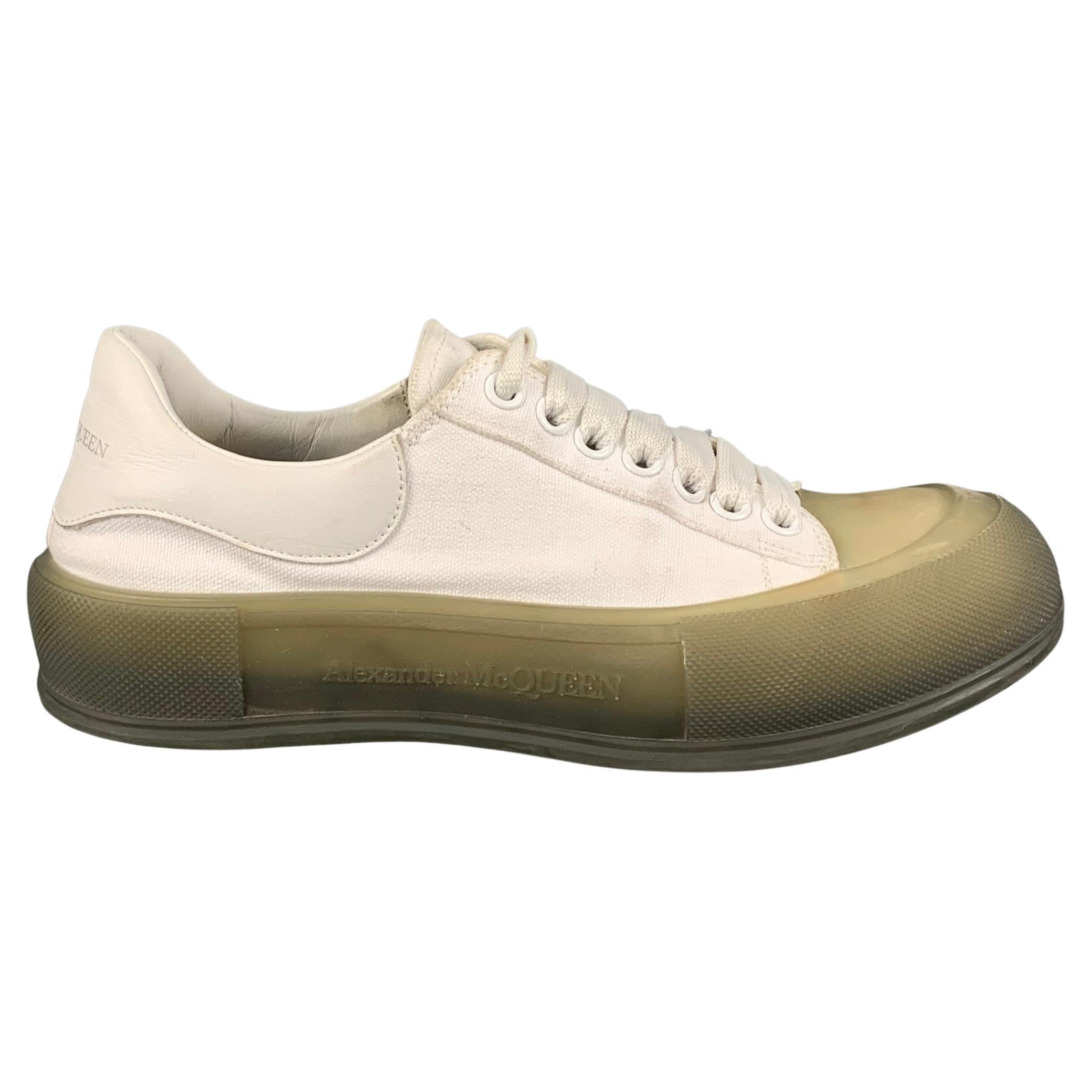 ALEXANDER MCQUEEN Size 8 White Olive Canvas Low Top Plimsoll Sneakers