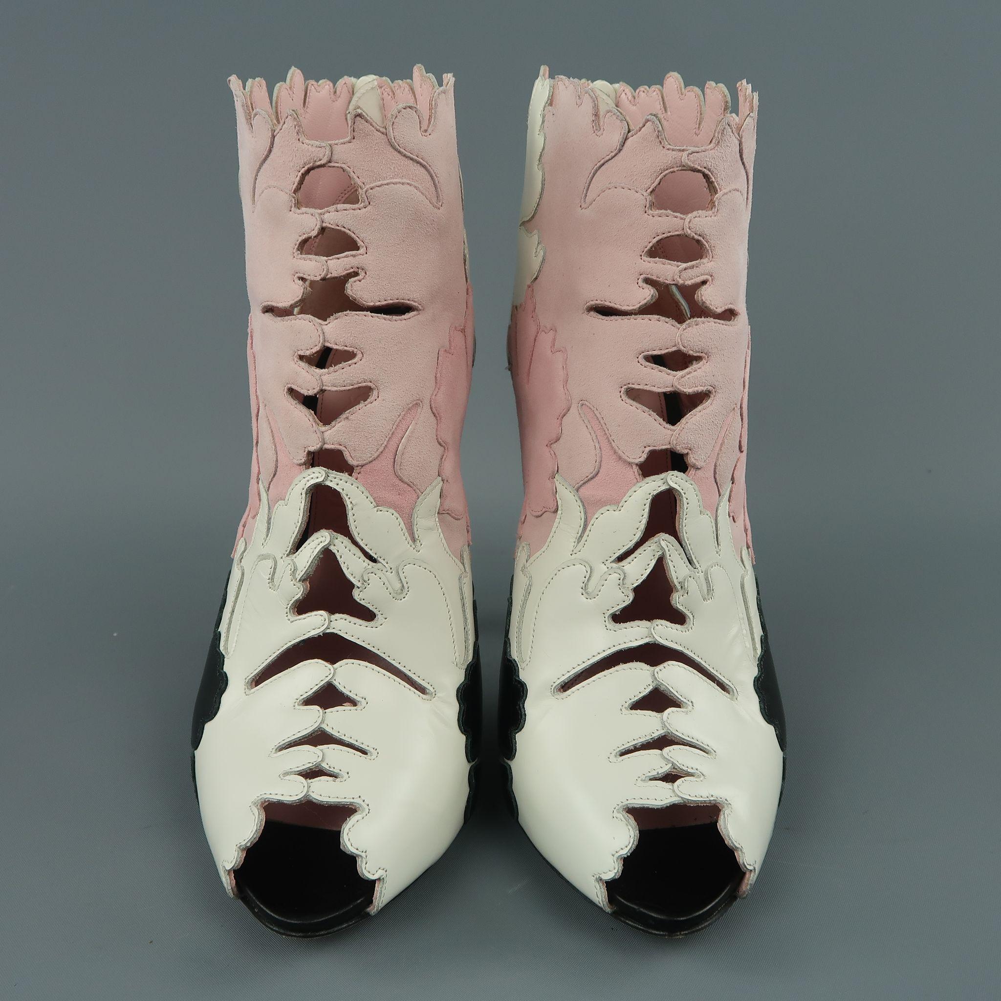 Beige ALEXANDER MCQUEEN Size 8.5 Pink White & Black Leather & Suede Leaf Cutout Boots