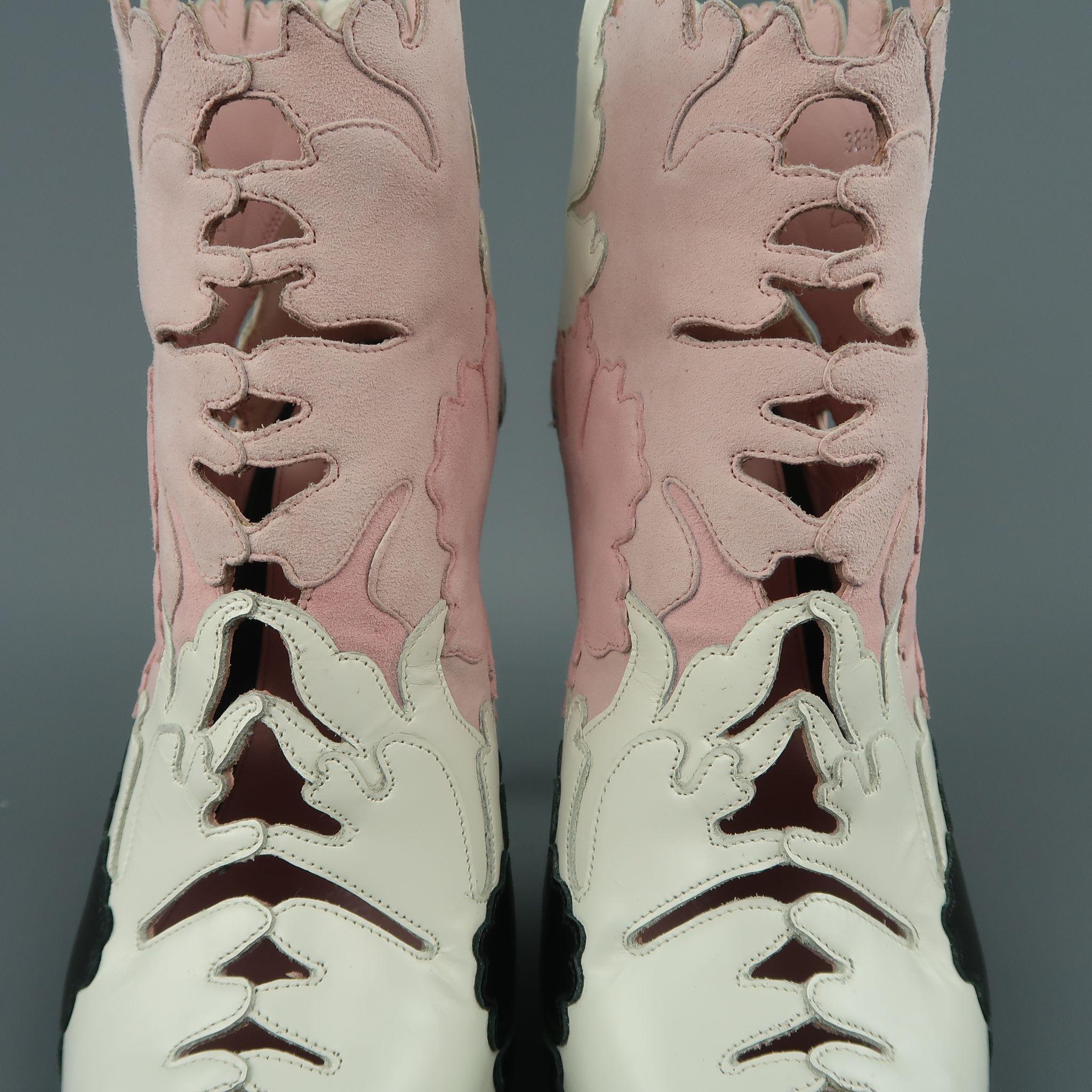 ALEXANDER MCQUEEN Size 8.5 Pink White & Black Leather & Suede Leaf Cutout Boots In Excellent Condition In San Francisco, CA