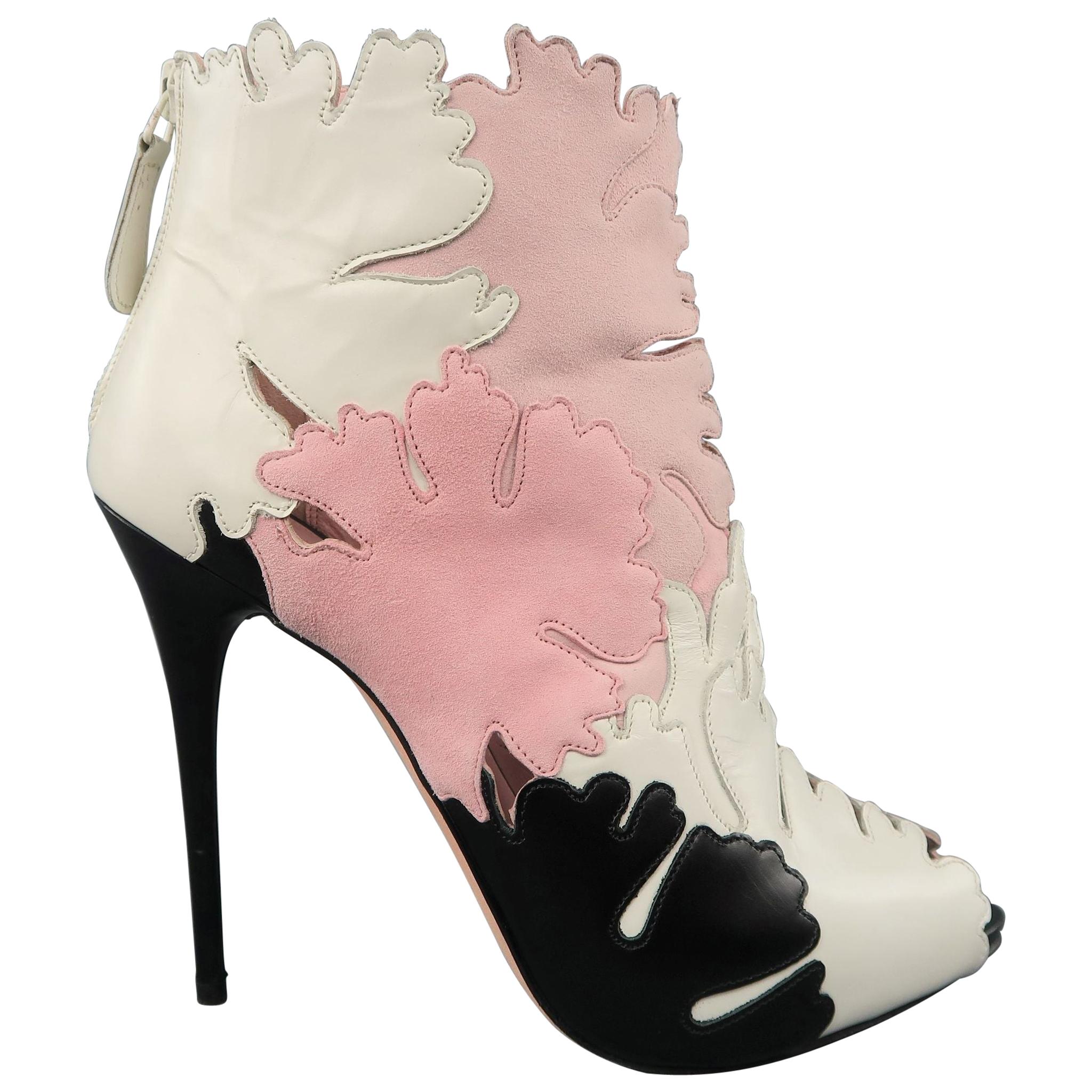 ALEXANDER MCQUEEN Size 8.5 Pink White & Black Leather & Suede Leaf Cutout Boots