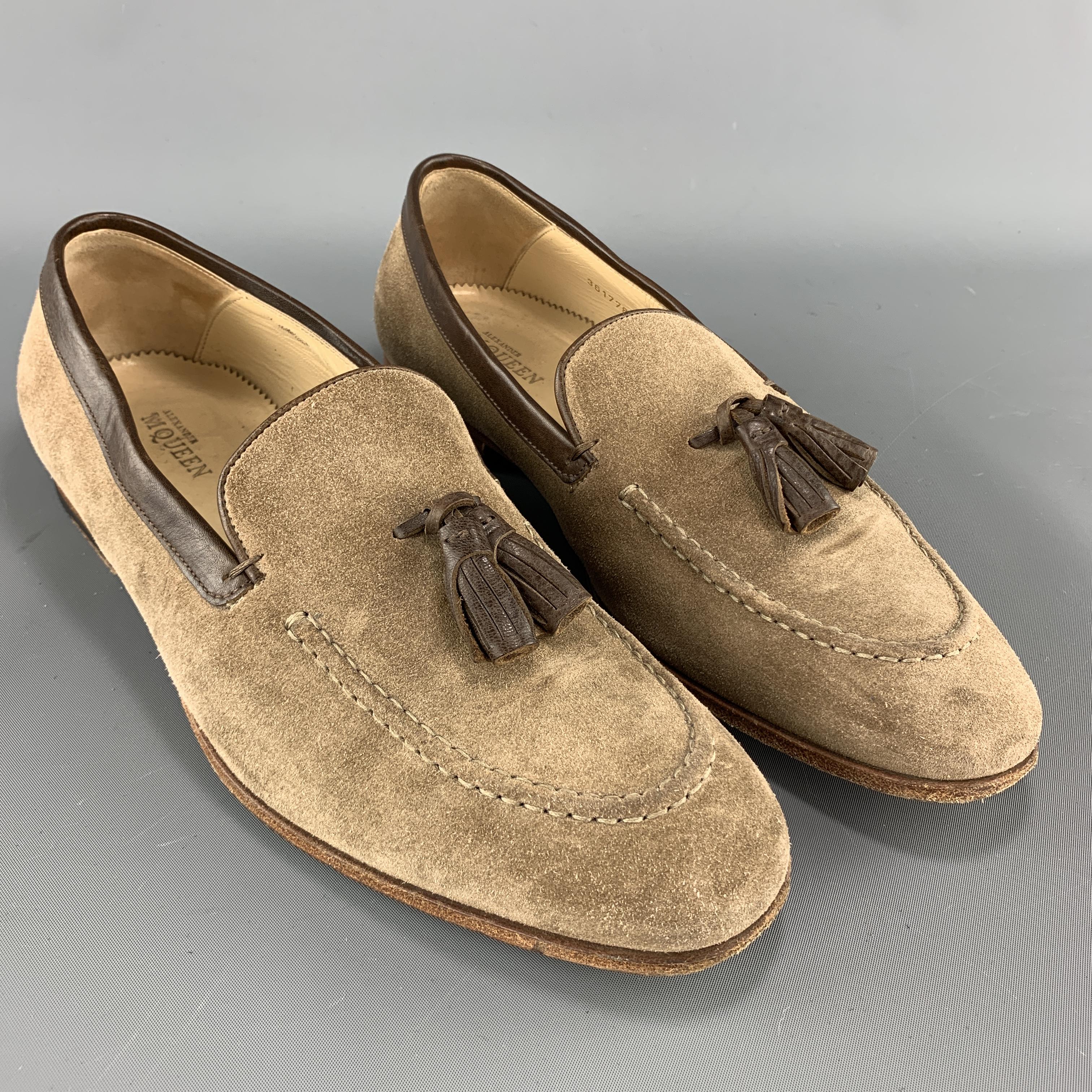 ALEXANDER MCQUEEN loafers come in beige suede with brown leather trim and tassels.  Made in Italy.

Good Pre-Owned Condition.
Marked: IT 42

Outsole: 11.75 x 3.75 in.