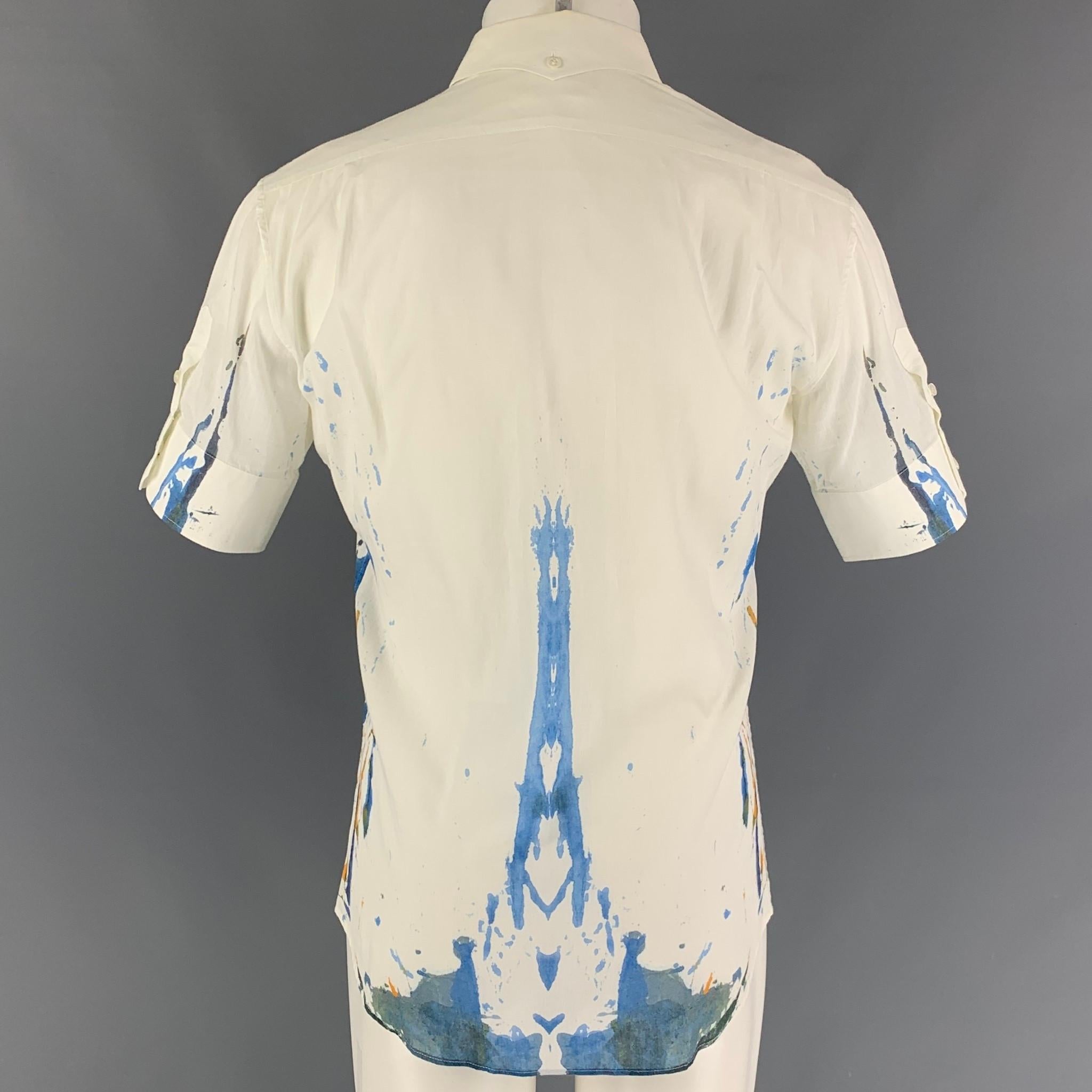 Beige ALEXANDER MCQUEEN Size M White Blue Splattered Cotton Short Sleeve Shirt