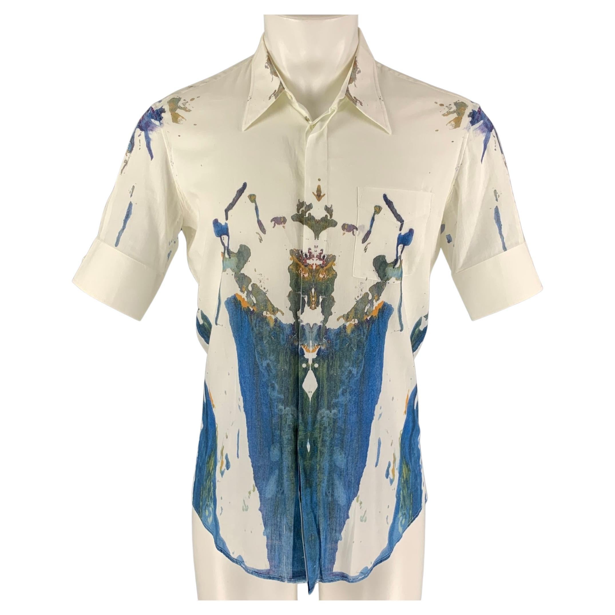 ALEXANDER MCQUEEN Size M White Blue Splattered Cotton Short Sleeve Shirt
