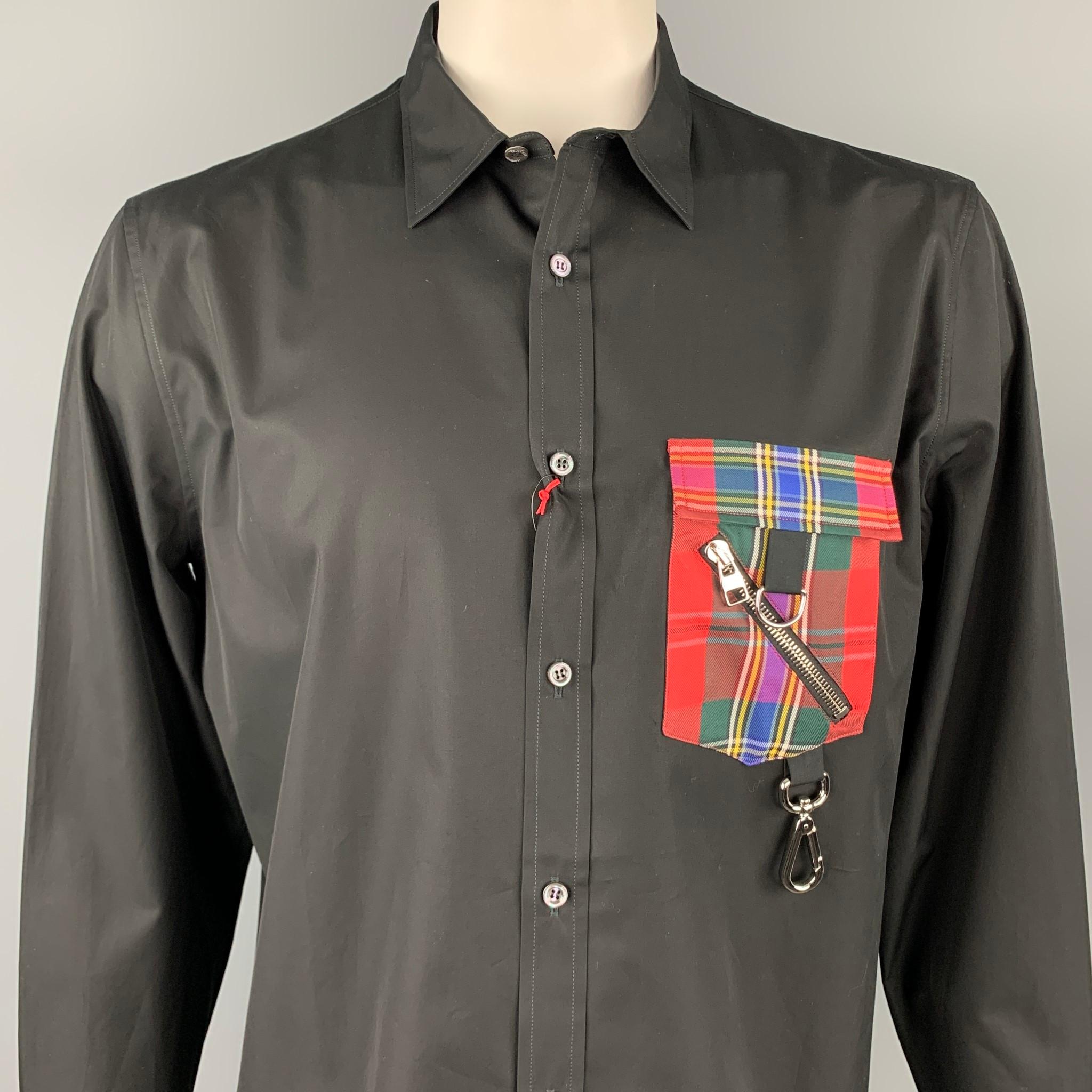 ALEXANDER McQUEEN long sleeve shirt comes in a black cotton with a red plaid front pocket detail featuring a button up style, silver tone hardware, and a spread collar. Made in Italy.

New With Tags. 
Marked: 17 +

Measurements:

Shoulder: 19.5