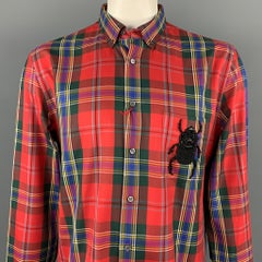 ALEXANDER MCQUEEN Size XL Multi-Color Tartan Cotton Beetle Patch Shirt