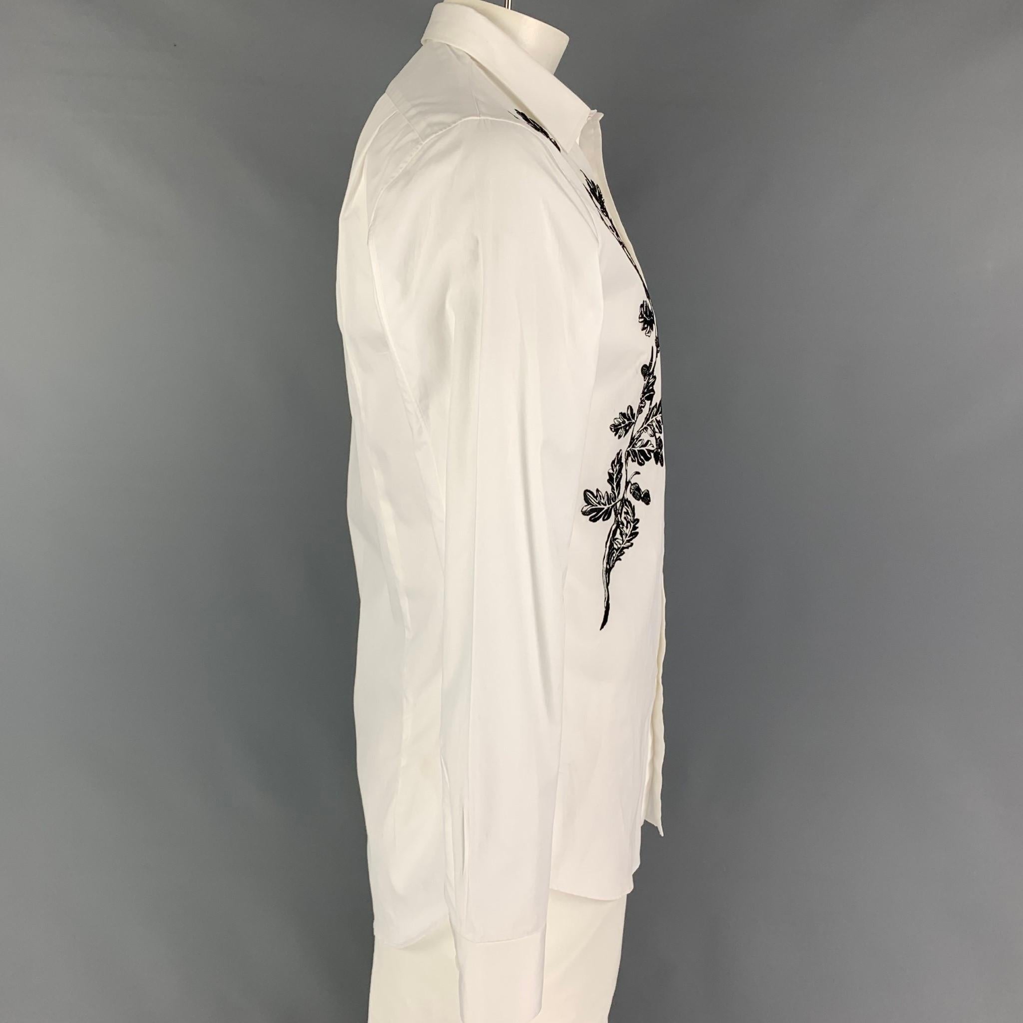 ALEXANDER MCQUEEN Size XL White Black Embroidery Cotton Long Sleeve Shirt In Good Condition In San Francisco, CA