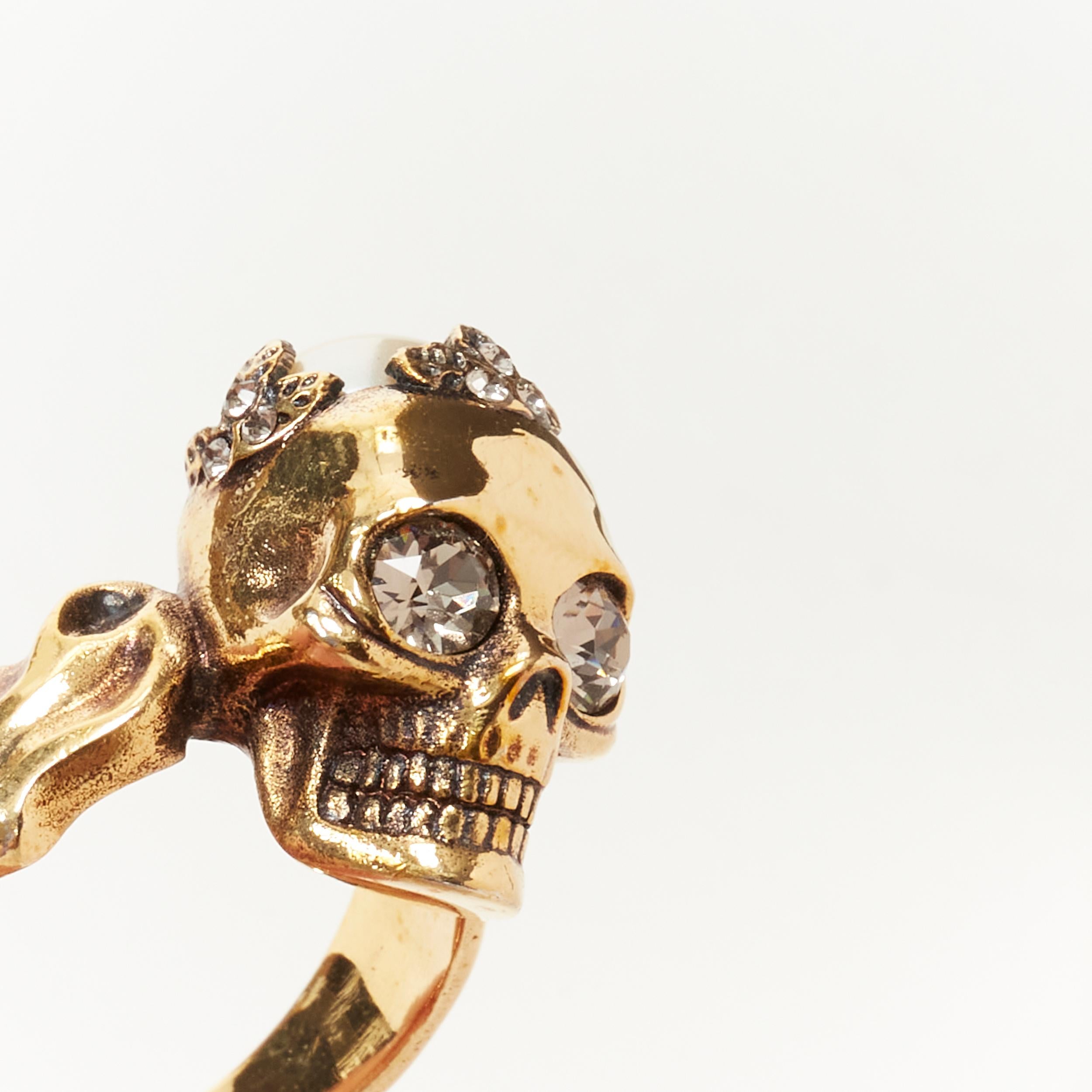 ALEXANDER MCQUEEN Skull crystal eyes pearl crown gold metal ring In Excellent Condition In Hong Kong, NT