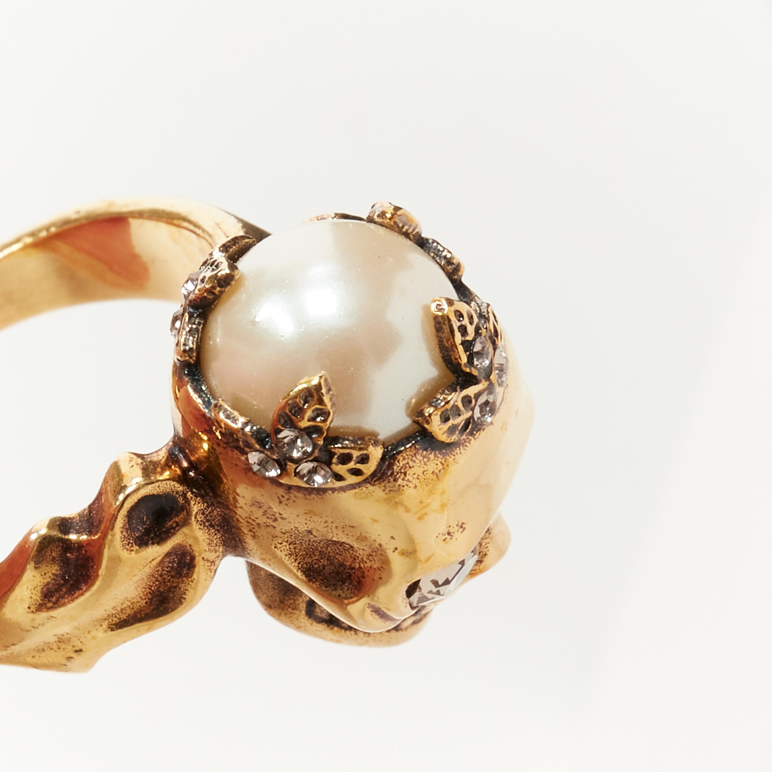 Women's ALEXANDER MCQUEEN Skull crystal eyes pearl crown gold metal ring