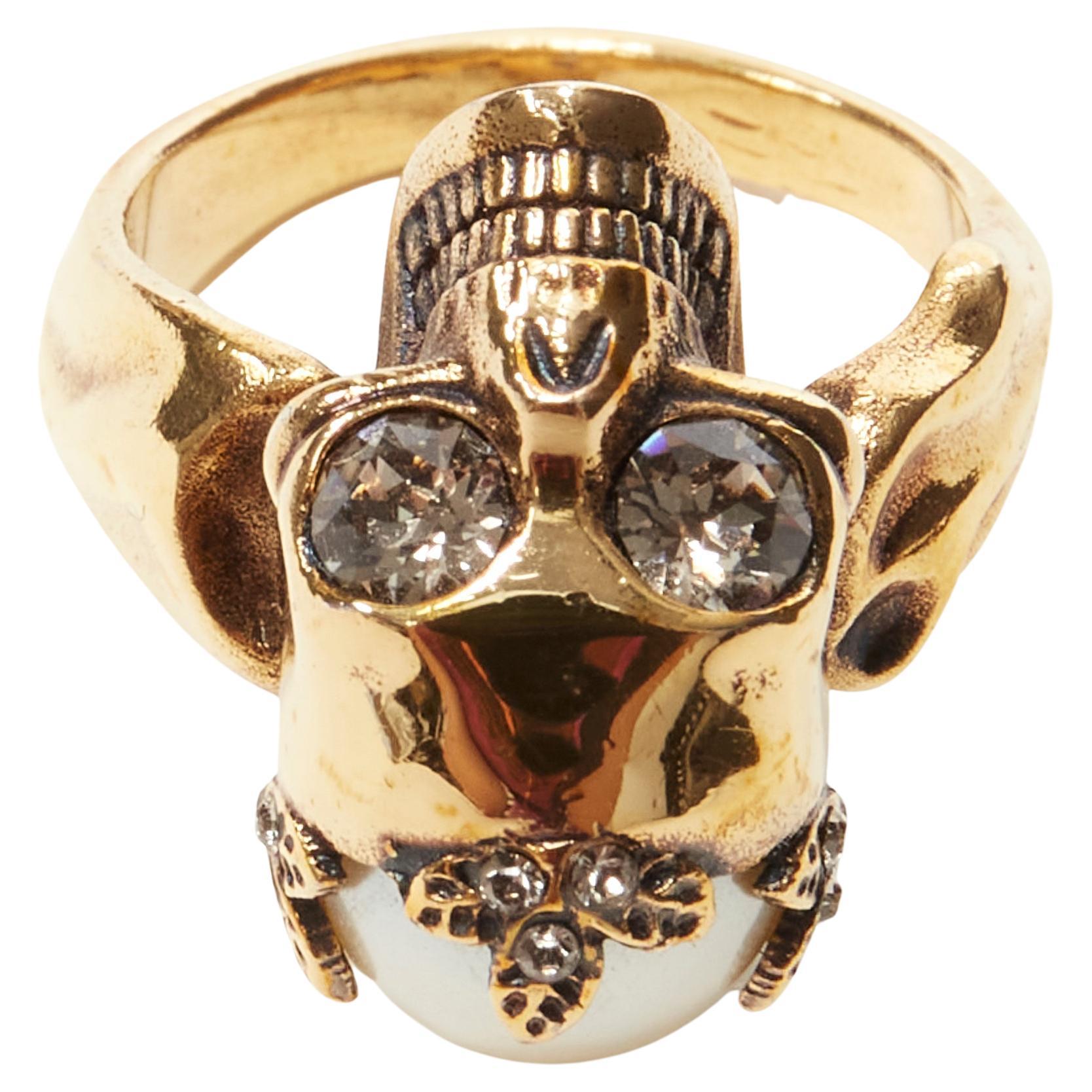 ALEXANDER MCQUEEN Skull crystal eyes pearl crown gold metal ring at 1stDibs