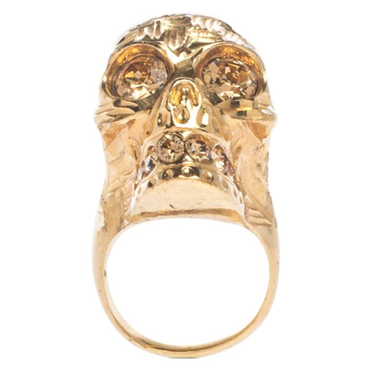 Alexander McQueen Skull Crystal Textured Gold Tone Cocktail Ring Size 52