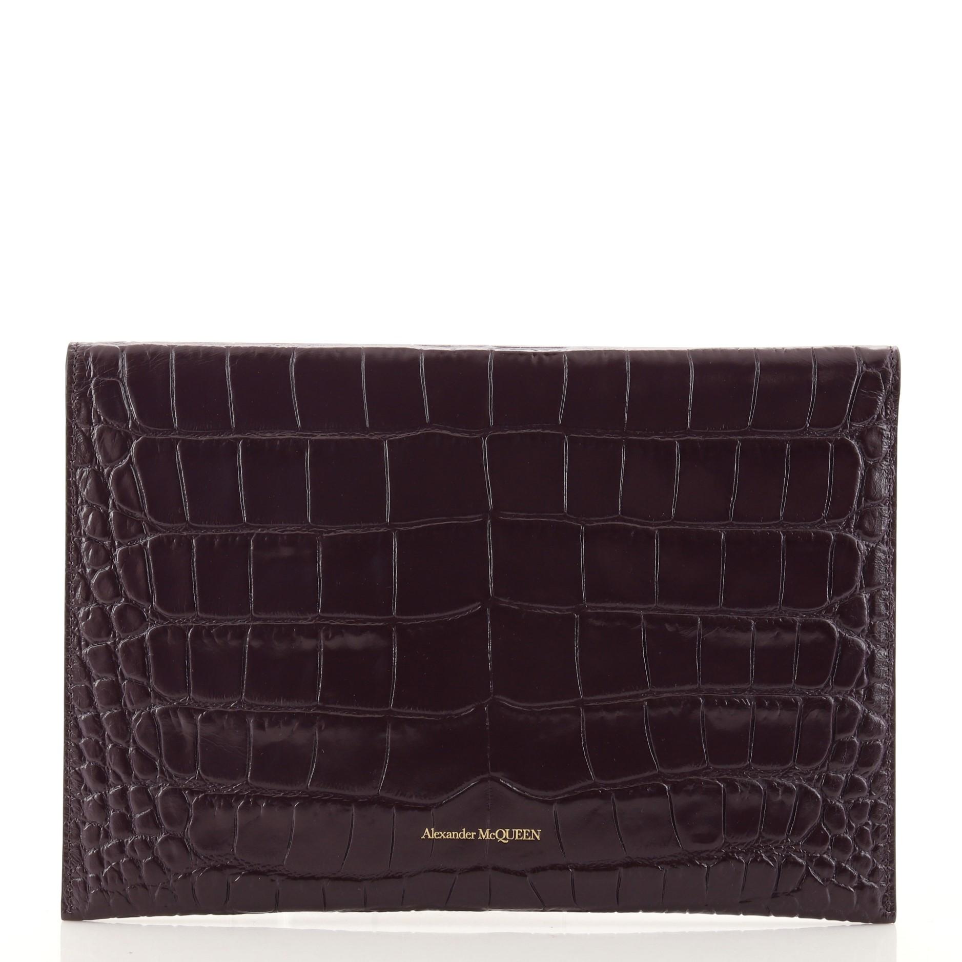 Alexander McQueen Skull Envelope Clutch Crocodile Embossed Leather In Good Condition In NY, NY