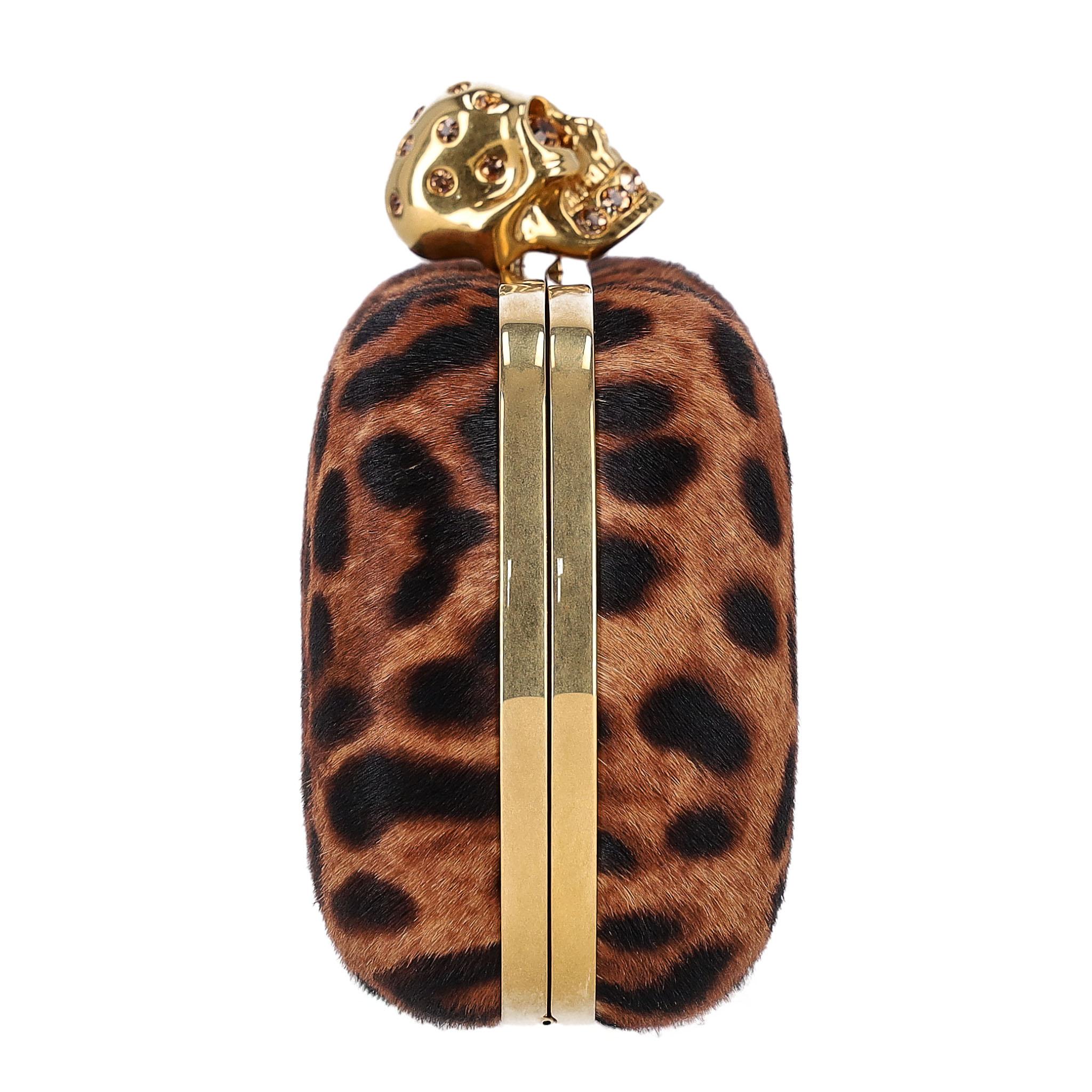 Brown Alexander McQueen Skull Leopard Print Pony Hair Box Clutch Bag For Sale