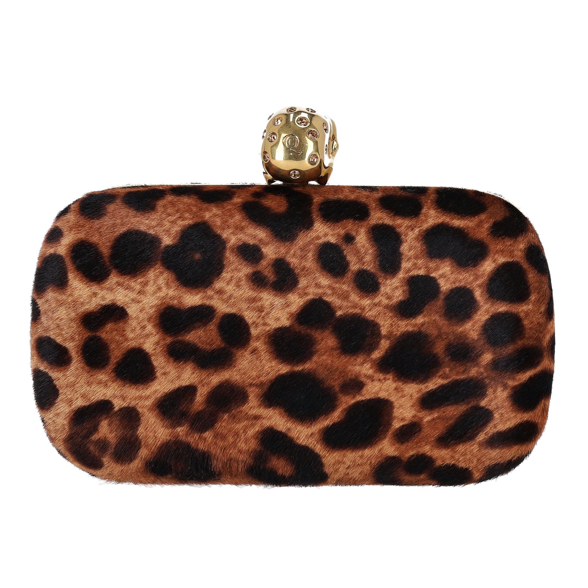 Alexander McQueen Skull Leopard Print Pony Hair Box Clutch Bag In Good Condition For Sale In London, GB