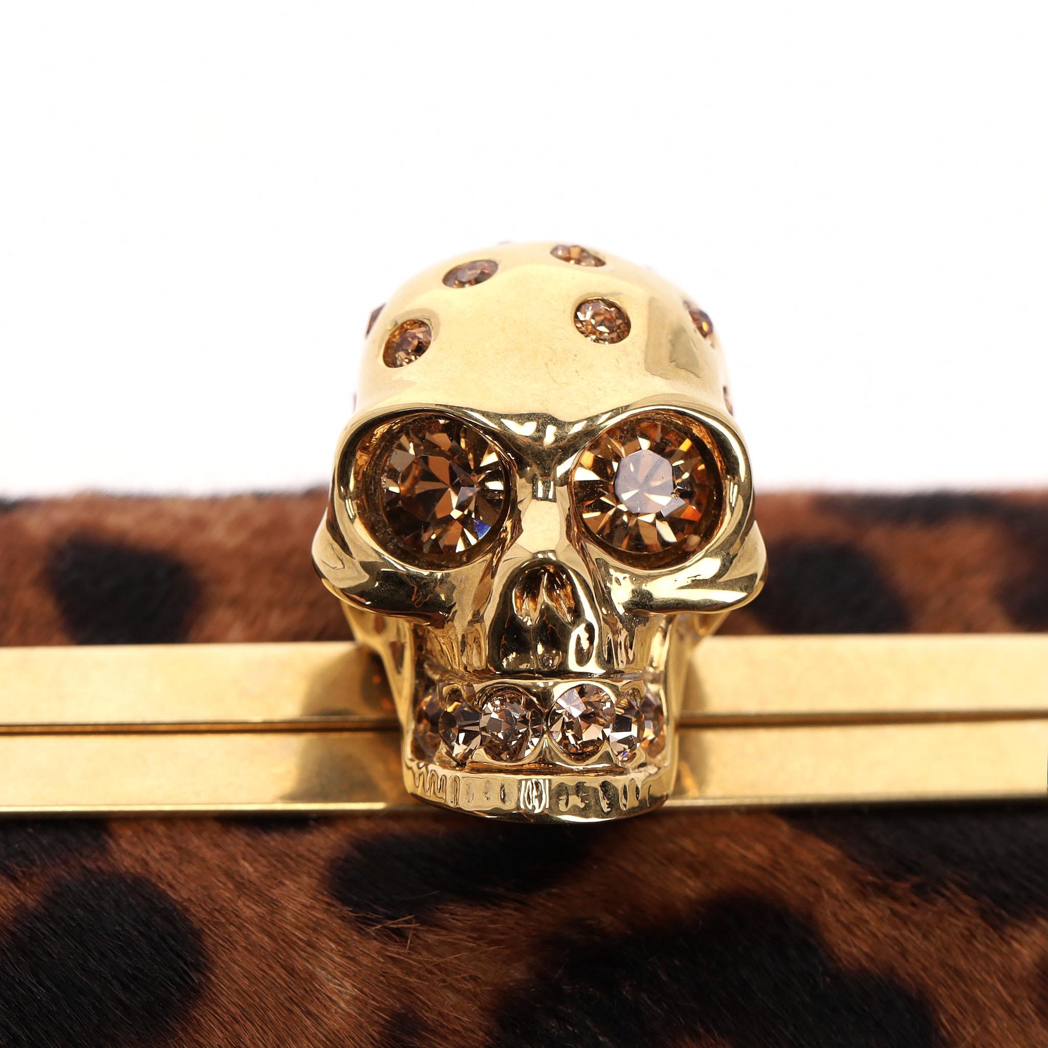 Alexander McQueen Skull Leopard Print Pony Hair Box Clutch Bag For Sale 2
