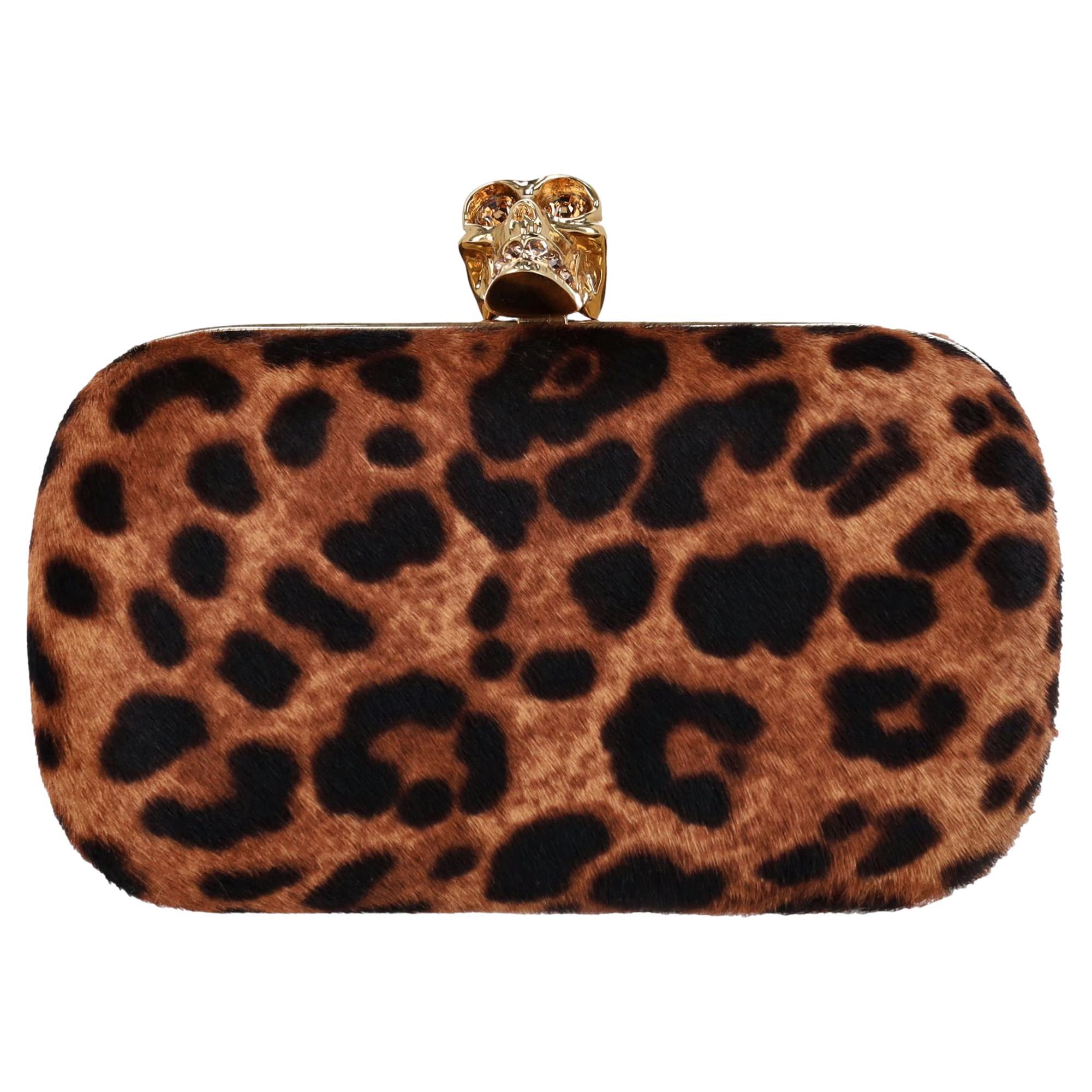 Alexander McQueen Skull Leopard Print Pony Hair Box Clutch Bag For Sale