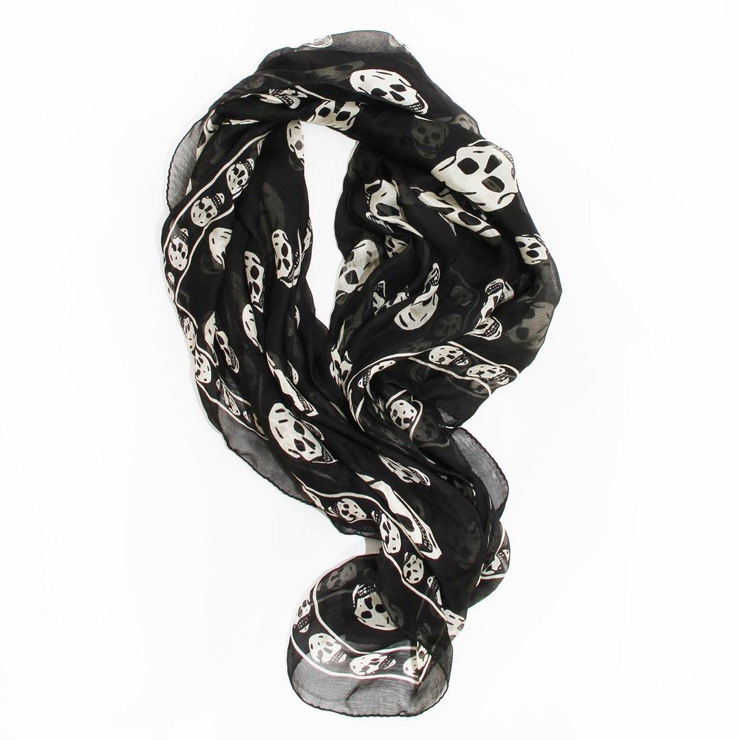Skull scarf by Alexander McQueen 
Black silk 
White skull pattern
100% silk 
Made in Italy 
Condition: Excellent, little to no visible wear. Small pulls in silk (see photo)
Size/Measurements 
One size fits all 
40