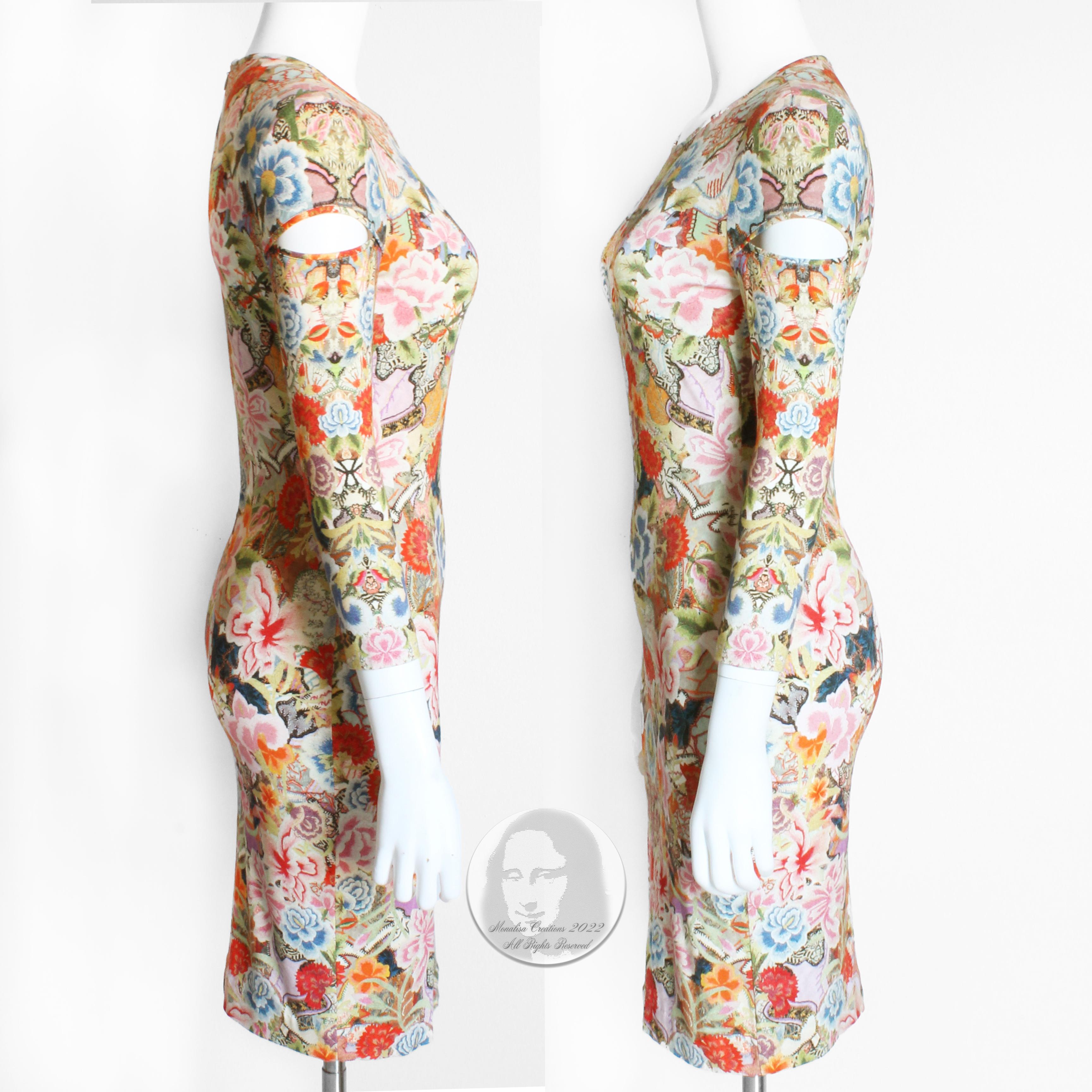 Women's Alexander McQueen Slash Sleeve Dress Kaleidoscope Floral Print Abstract Bodycon  For Sale