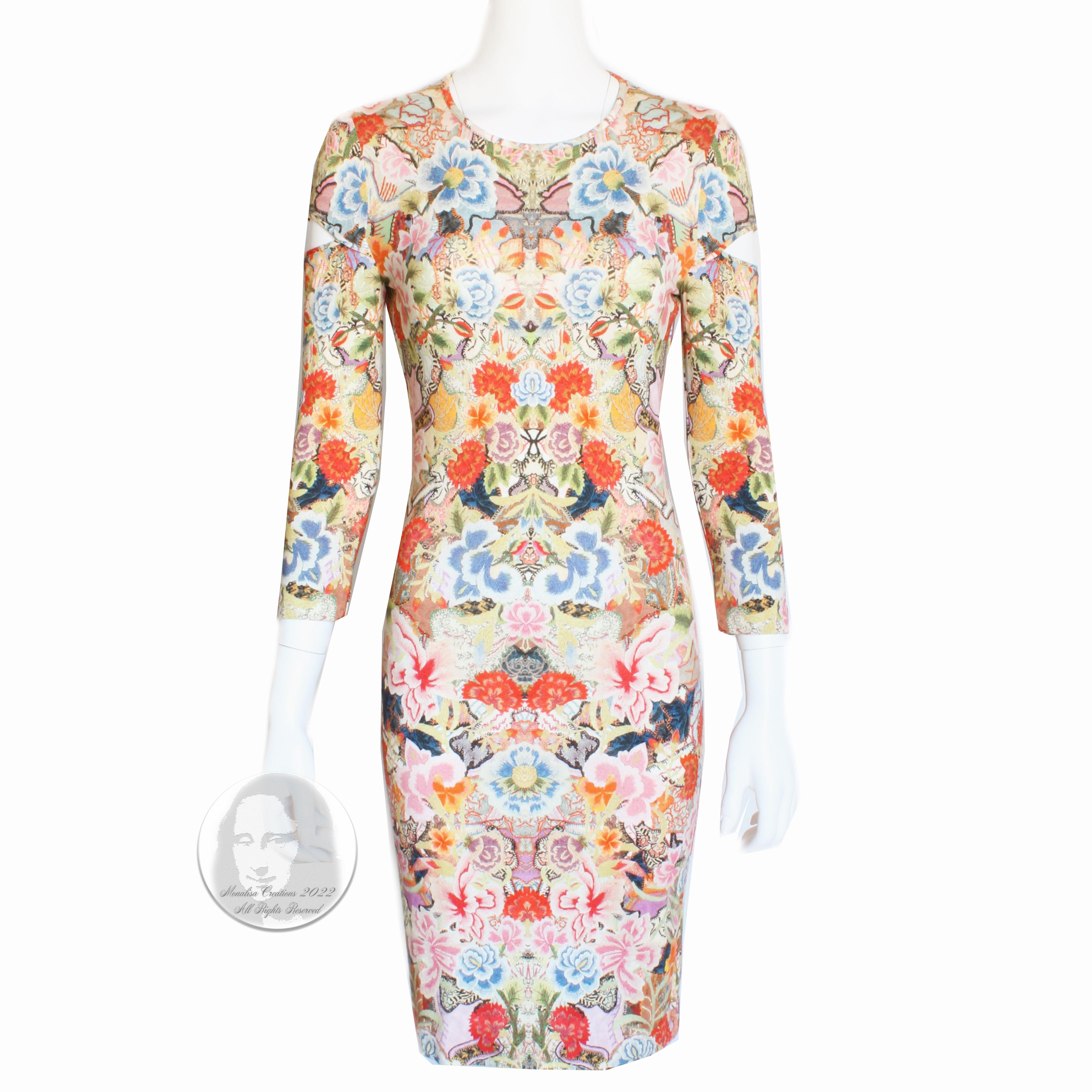 Alexander McQueen Slash Sleeve Dress Kaleidoscope Floral Print Abstract Bodycon  For Sale 4