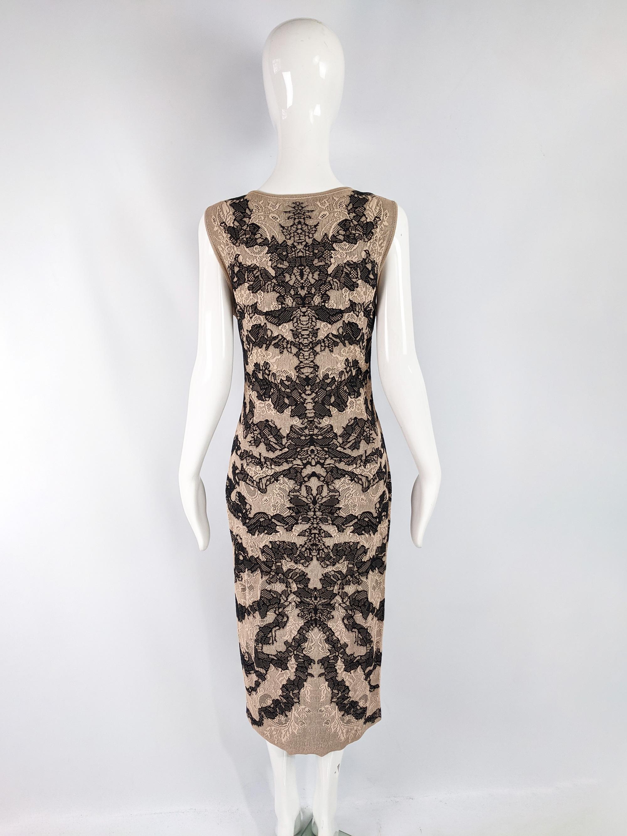 Women's Alexander McQueen Sleeveless Nude & Black Jacquard Knit Dress L For Sale
