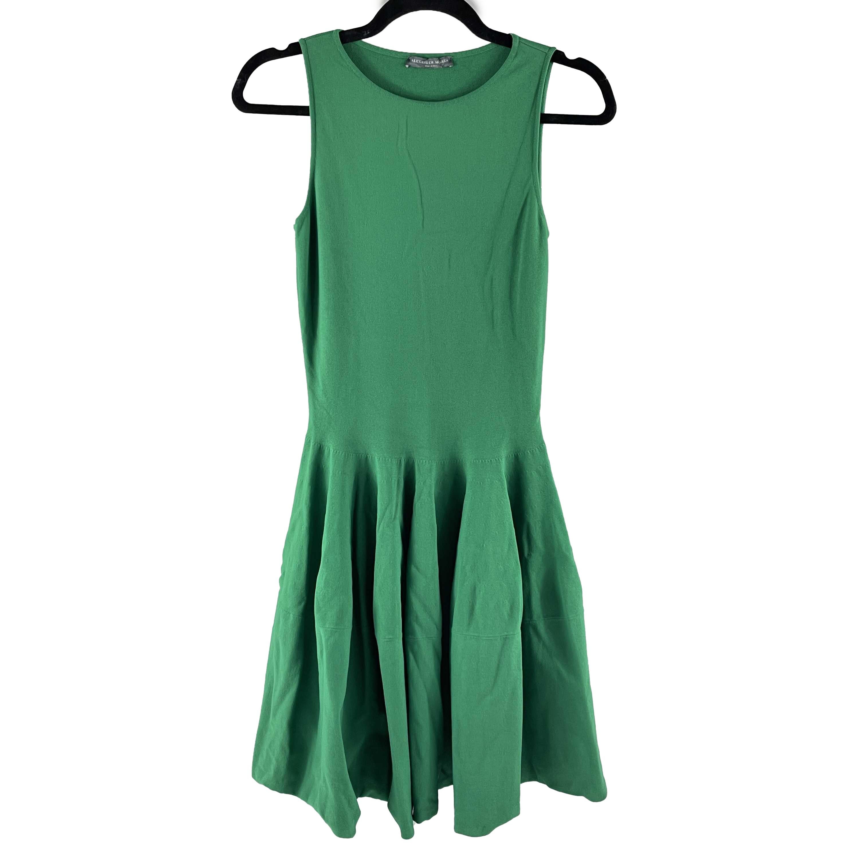 Women's Alexander McQueen Solid Sleeveless Midi Flare Green Dress XS For Sale