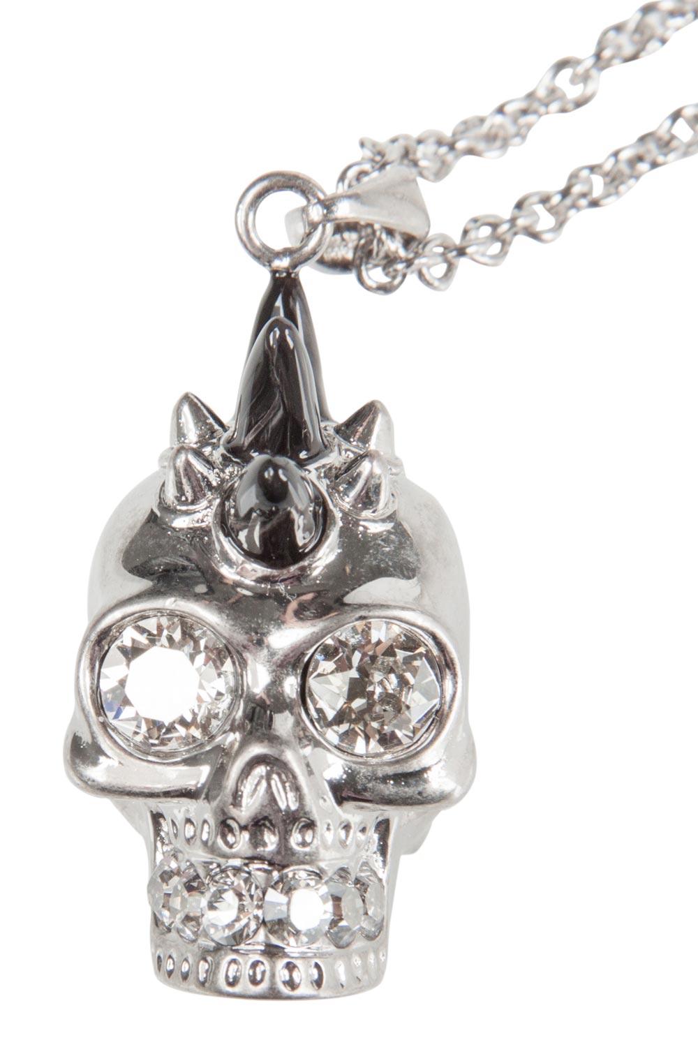Contemporary Alexander McQueen Spike Skull Crystal Studded Silver Tone Long Pendant Necklace