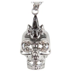 Alexander McQueen Spike Skull Crystal Studded Silver Tone Long Pendant Necklace