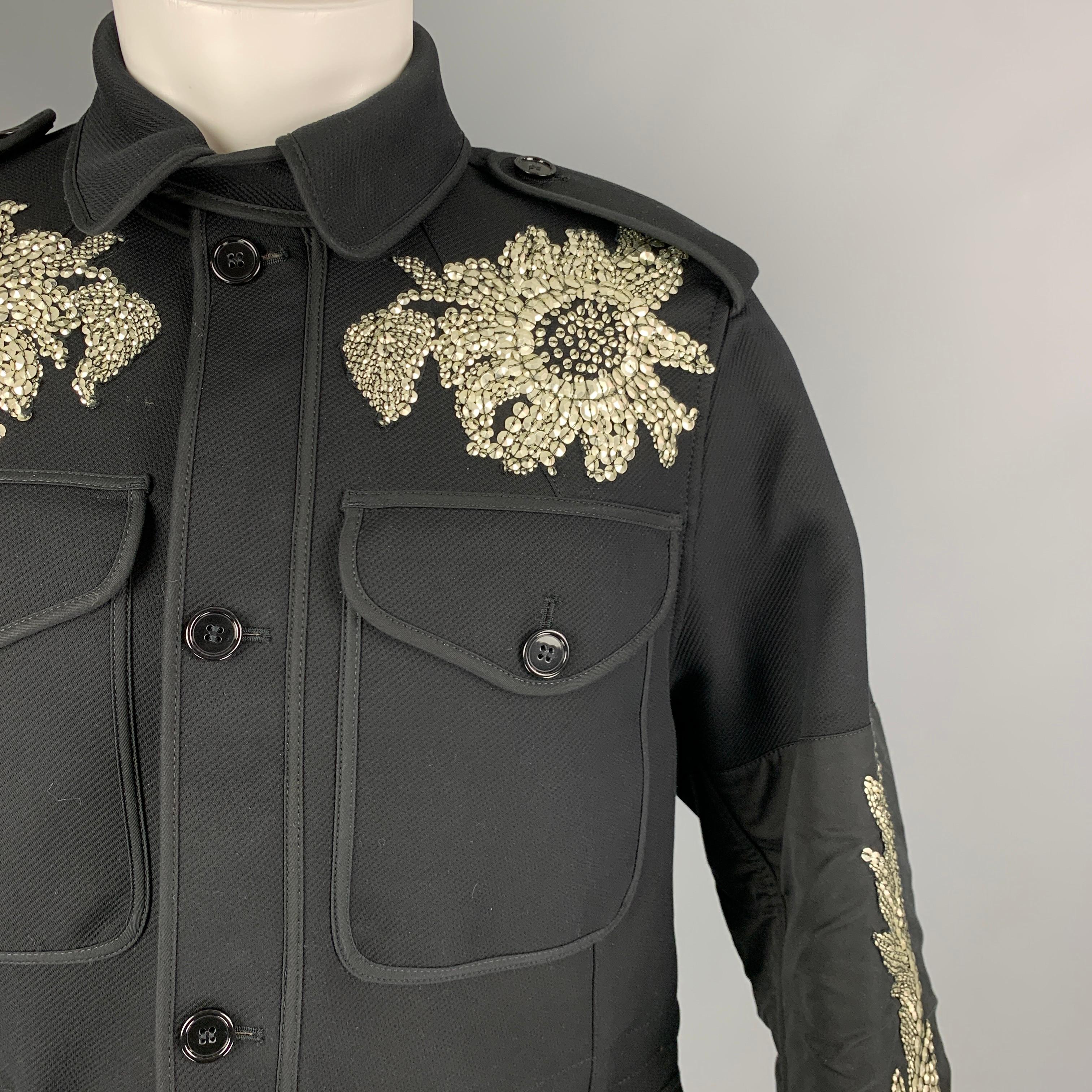 ALEXANDER MCQUEEN SS 17 Size 38 Black Silver Floral Military Regalia Coat In Excellent Condition In San Francisco, CA