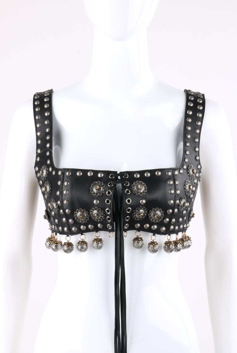 ALEXANDER McQUEEN S/S 2015 Black Nappa Leather Studded Lace Up Bra Top ...