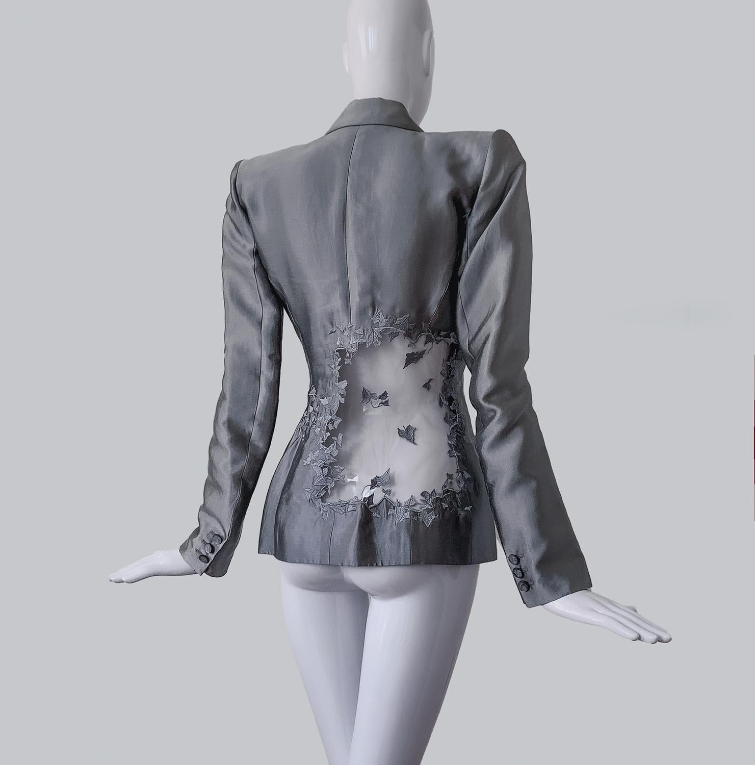 Women's Alexander McQueen SS1999 Silver Silk Suit Blazer Embroidered Illusion Ivy Leaf