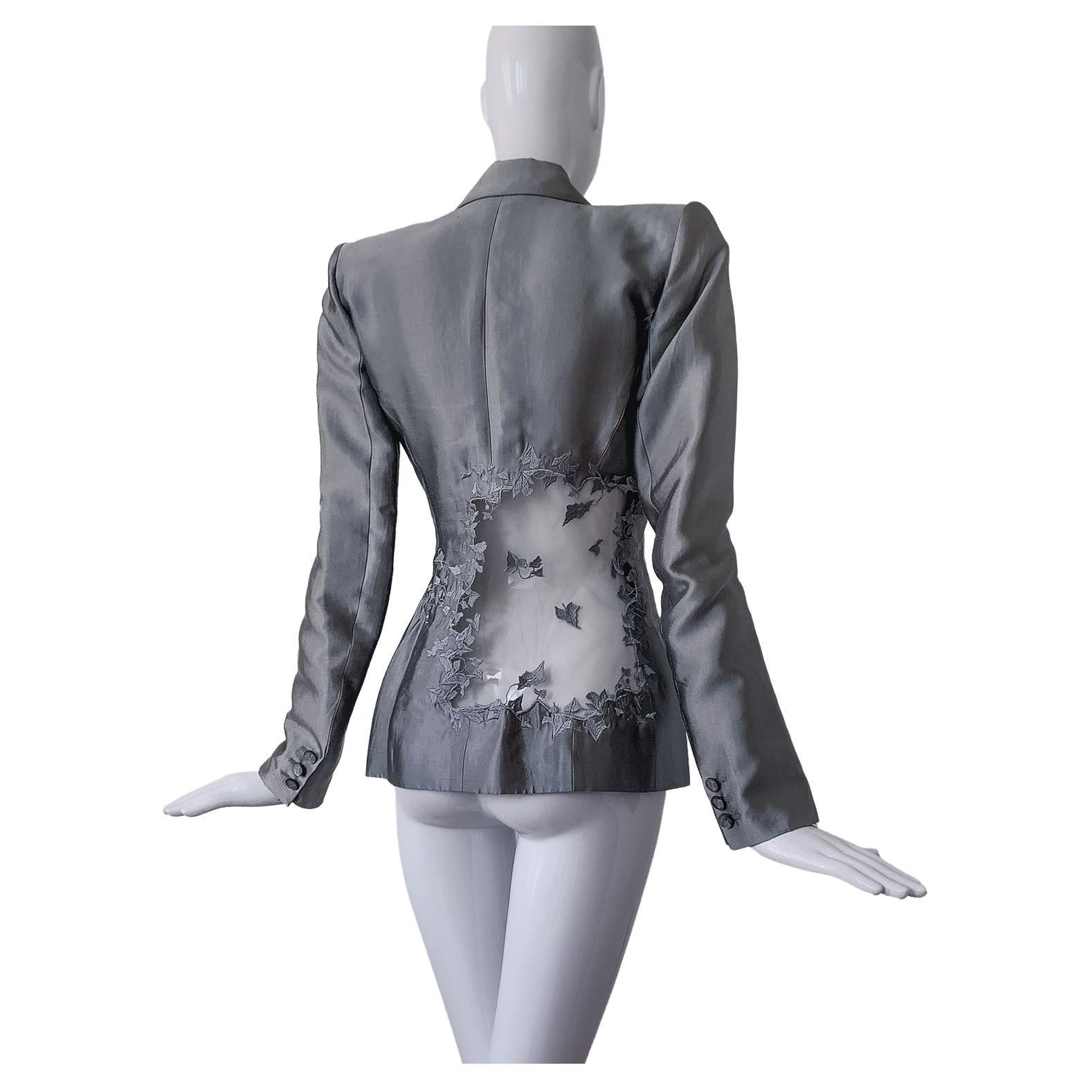 Alexander McQueen SS1999 Silver Silk Suit Blazer Embroidered Illusion Ivy Leaf  For Sale