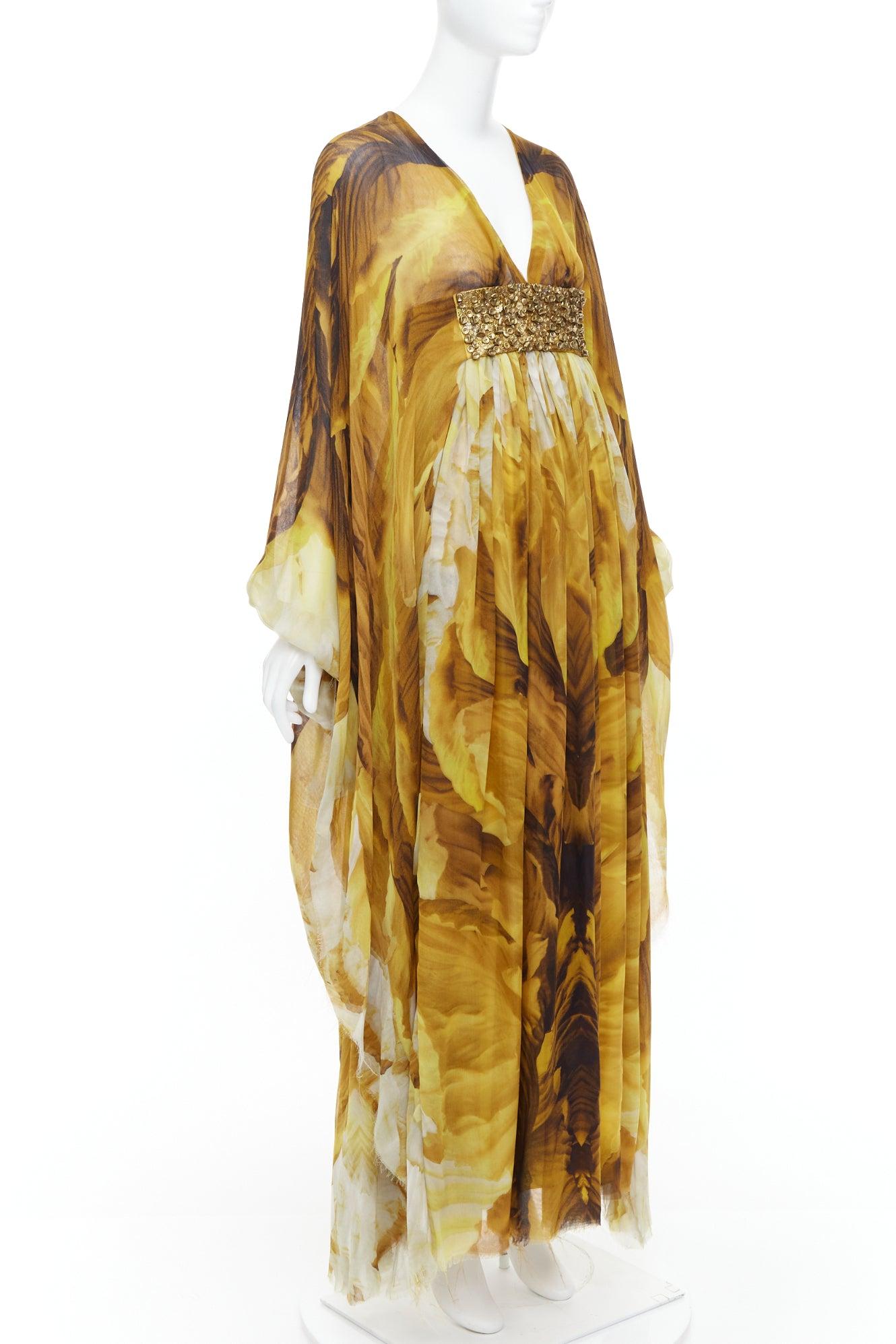 Brown ALEXANDER MCQUEEN SS2011 Runway yellow gold embellished kaftan dress IT38 XS For Sale