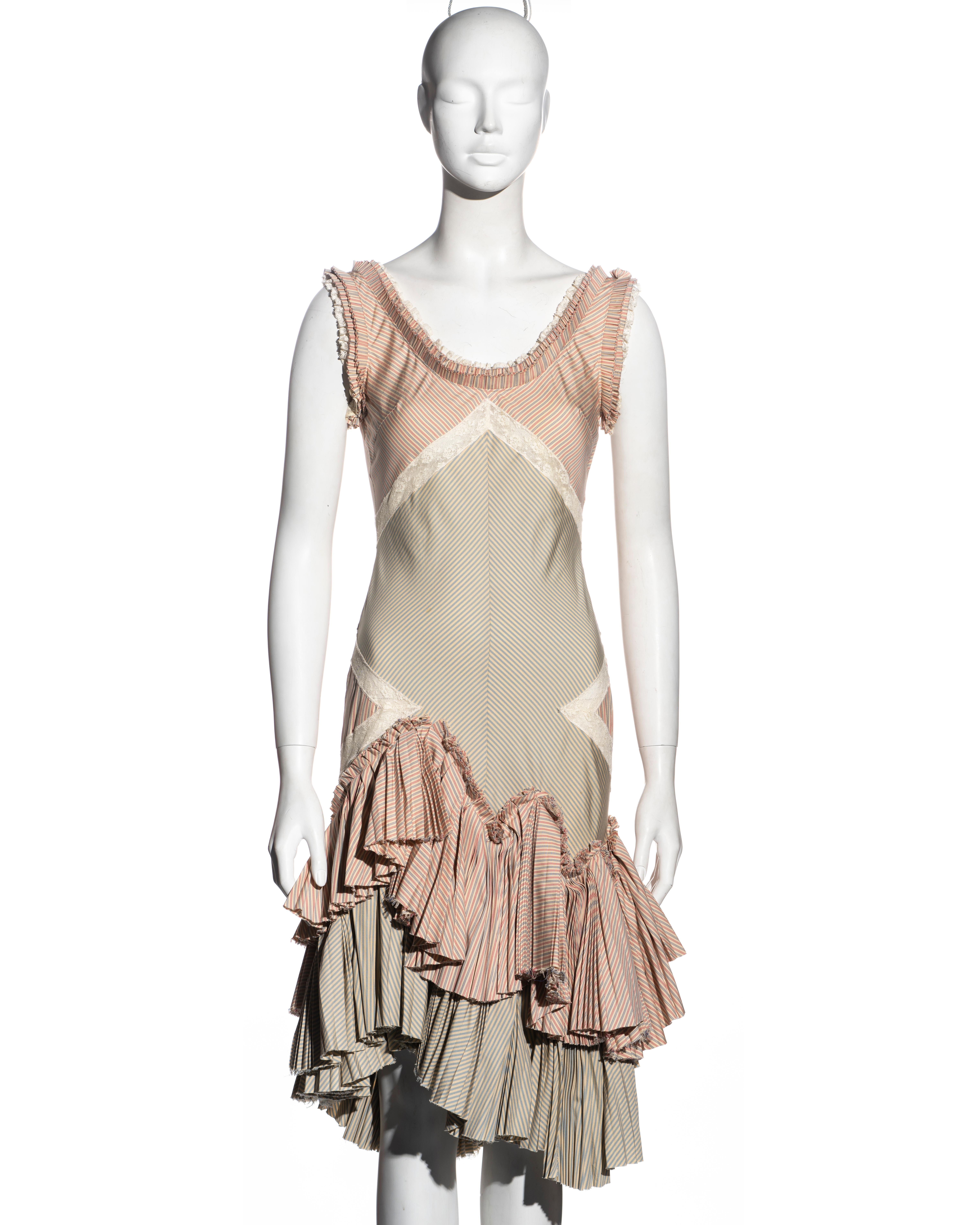 ▪ Alexander McQueen dress
▪ Constructed from a fine cotton-silk fabric in two colour-ways of red, cream and blue stripes
▪ Ivory lace inserts and trim 
▪ Low-waisted skirt made up of two tiers of pleats with asymmetric hemline
▪ IT 40 - FR 36 - UK