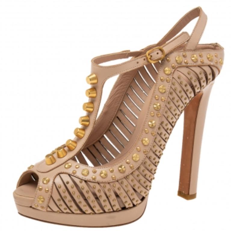 Alexander McQueen Studded Leather T-Strap Slingback Platform Sandals Size 38.5 For Sale 1