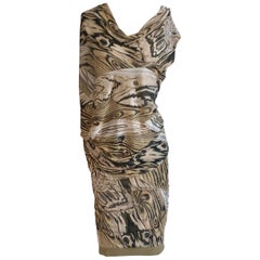 Alexander McQueen Tan Woodgrain Print Knit Asymmetric Drape Dress 2009