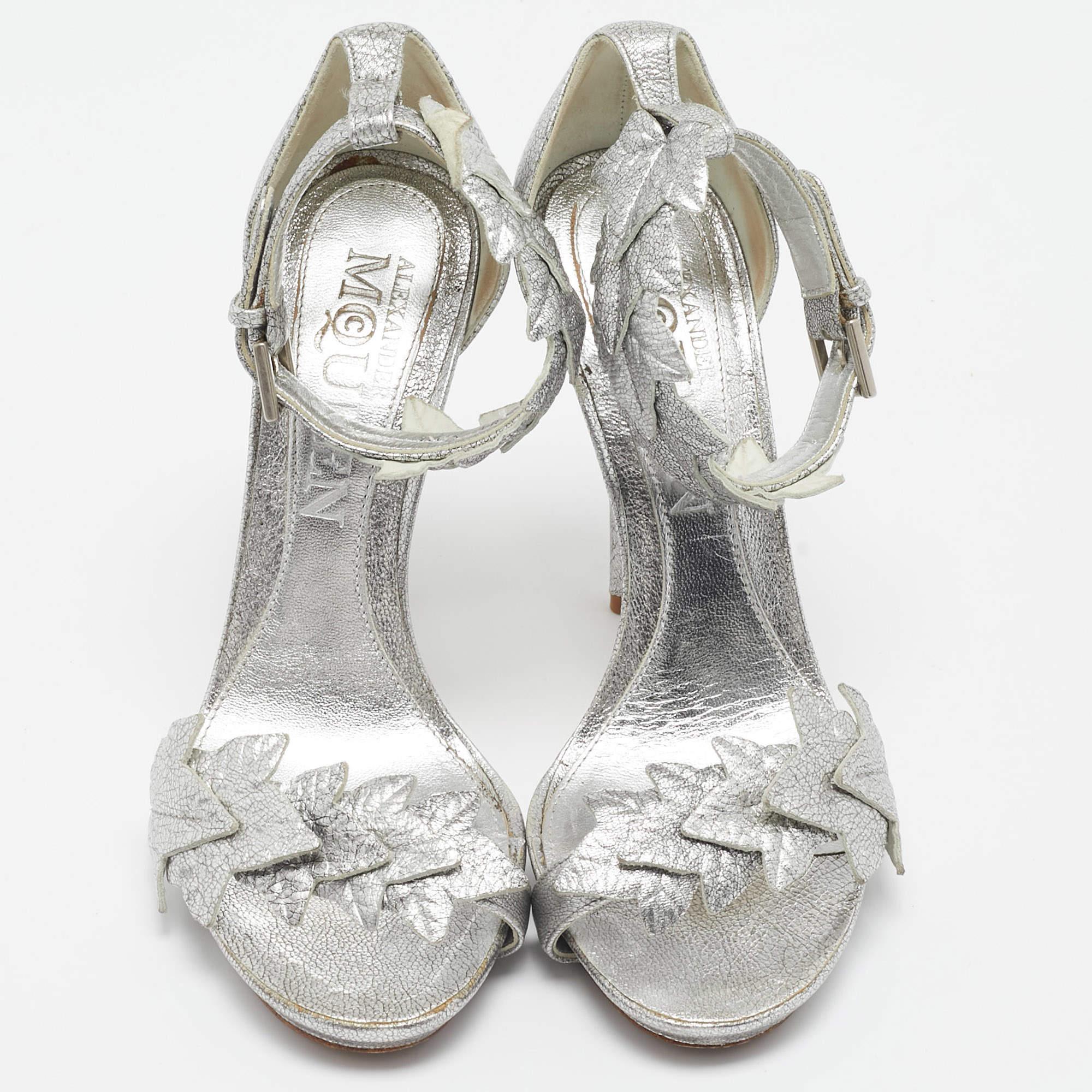 Gray Alexander McQueen Textured Leather Ivy Leaf Embellished Open Toe Sandals 36.5 For Sale