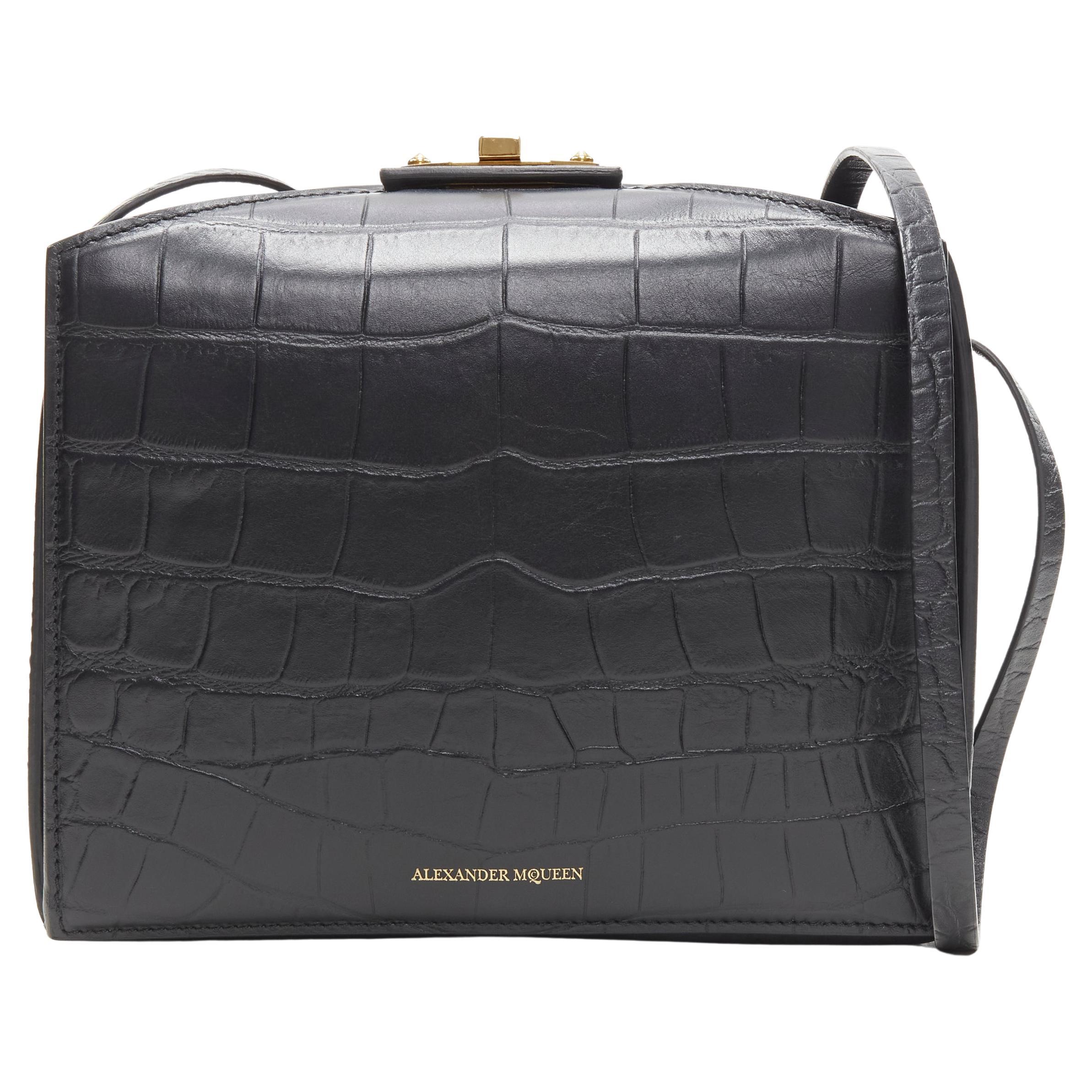 ALEXANDER MCQUEEN The Box black stamped croc gold turn lock crossbody bag For Sale