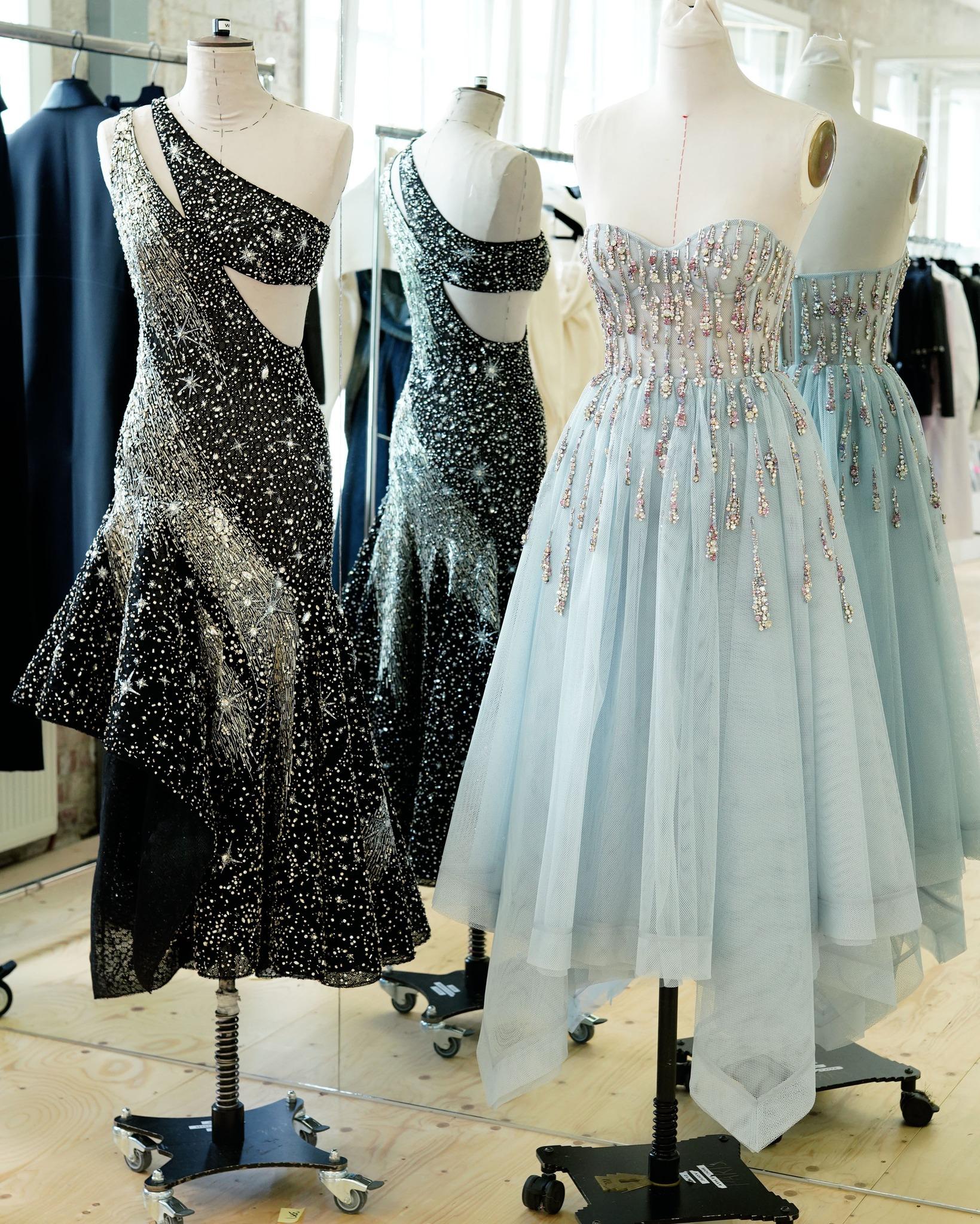 Breathtaking Alexander Mcqueen Corset Gown.
Cosmic rain, comet and astral crystal embroideries are hand-sewn to this stunnig evening gown.
Powder blue Paris net bustier dress featuring Cosmic Rain embroidery, crafted with crystals, metallic threads,