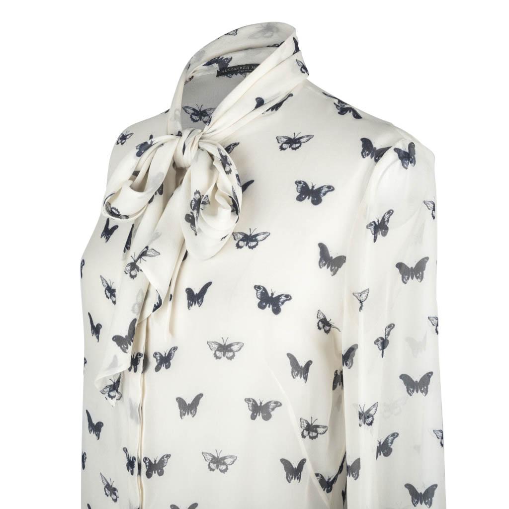 Gray Alexander McQueen Pussy Bow Butterfly Print Silk Blouse  44 / 8  For Sale